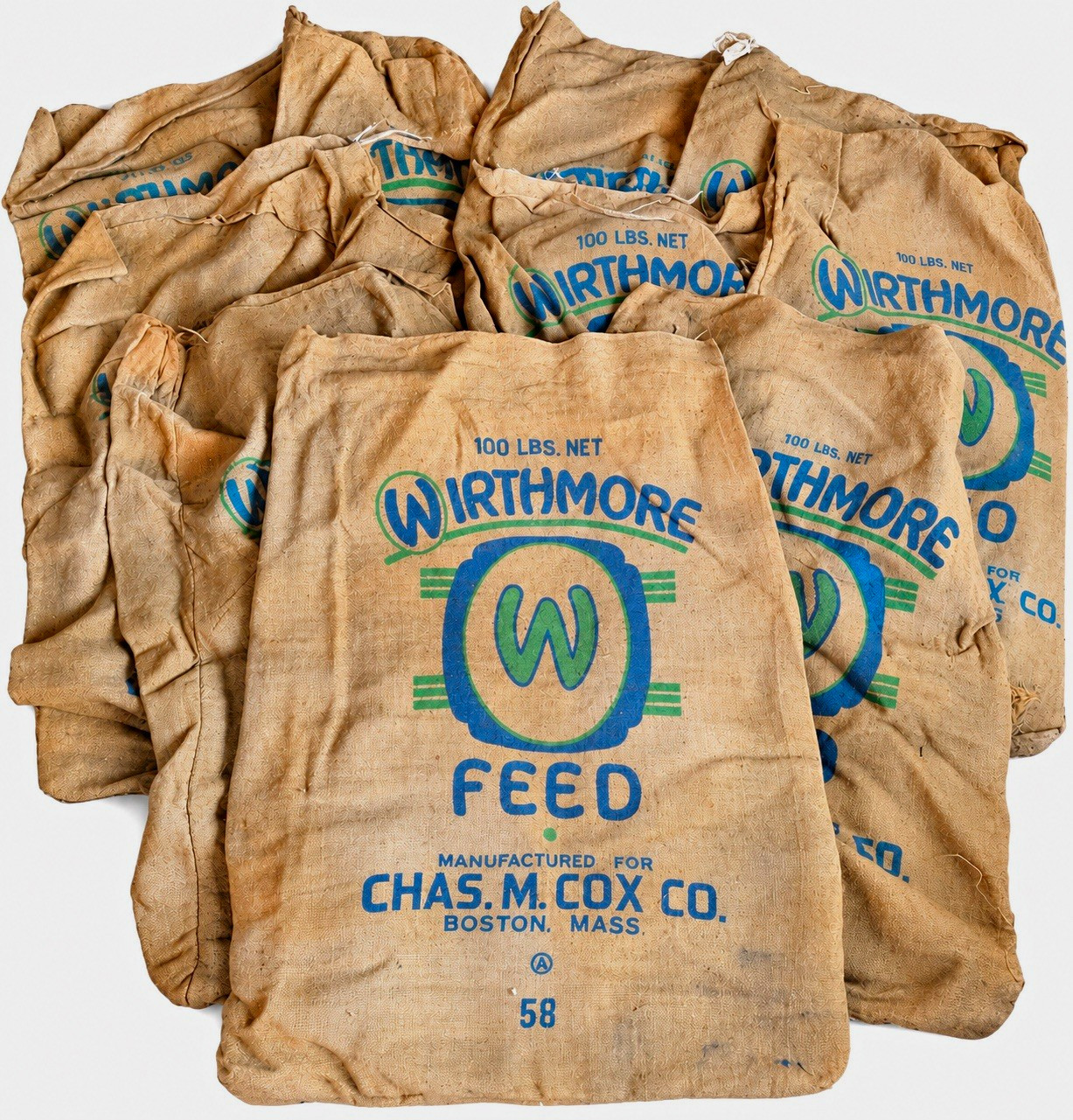 Vintage Wirthmore Feed Sacks Burlap 100 LB Chas M Cox Boston Farmhouse Lot of 11