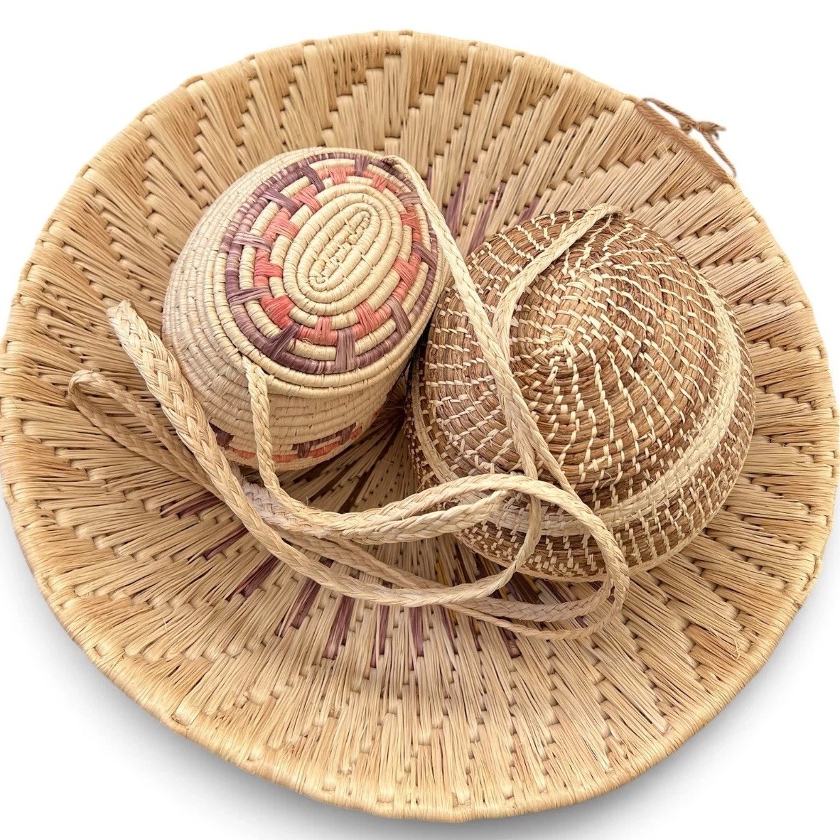 Vintage 3-Pc Lot Warao Indigenous Baskets Venezuela Orinoco Delta Moriche Palm 