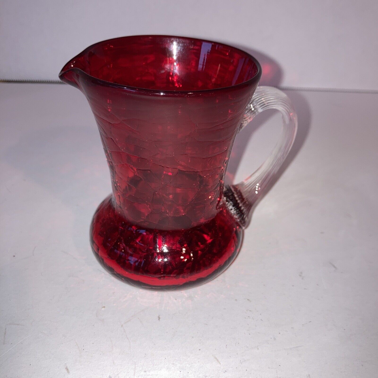 Vintage Ruby Red Crackle Glass Cream Pitcher w/Ribbed Handle