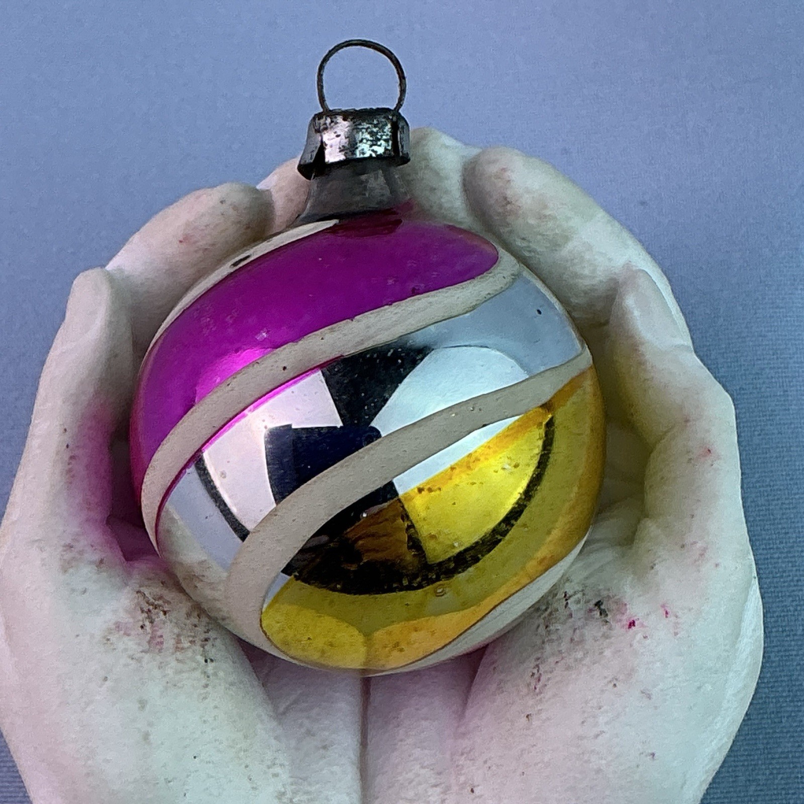 Vintage HandBlown Glass Multi-Color Striped Small Christmas Ornament*POLAND*1.5”