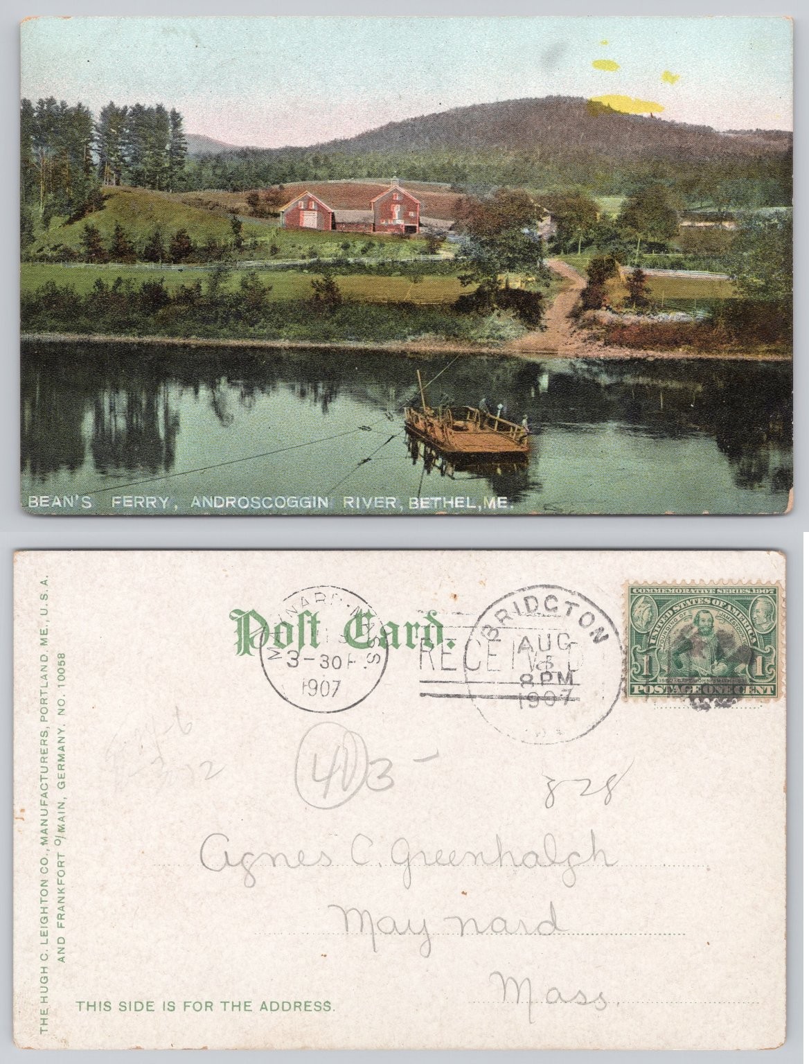 Bean\'s Ferry Androscoggin River Bethel Maine Postcard 1907 Hugh C. Leighton