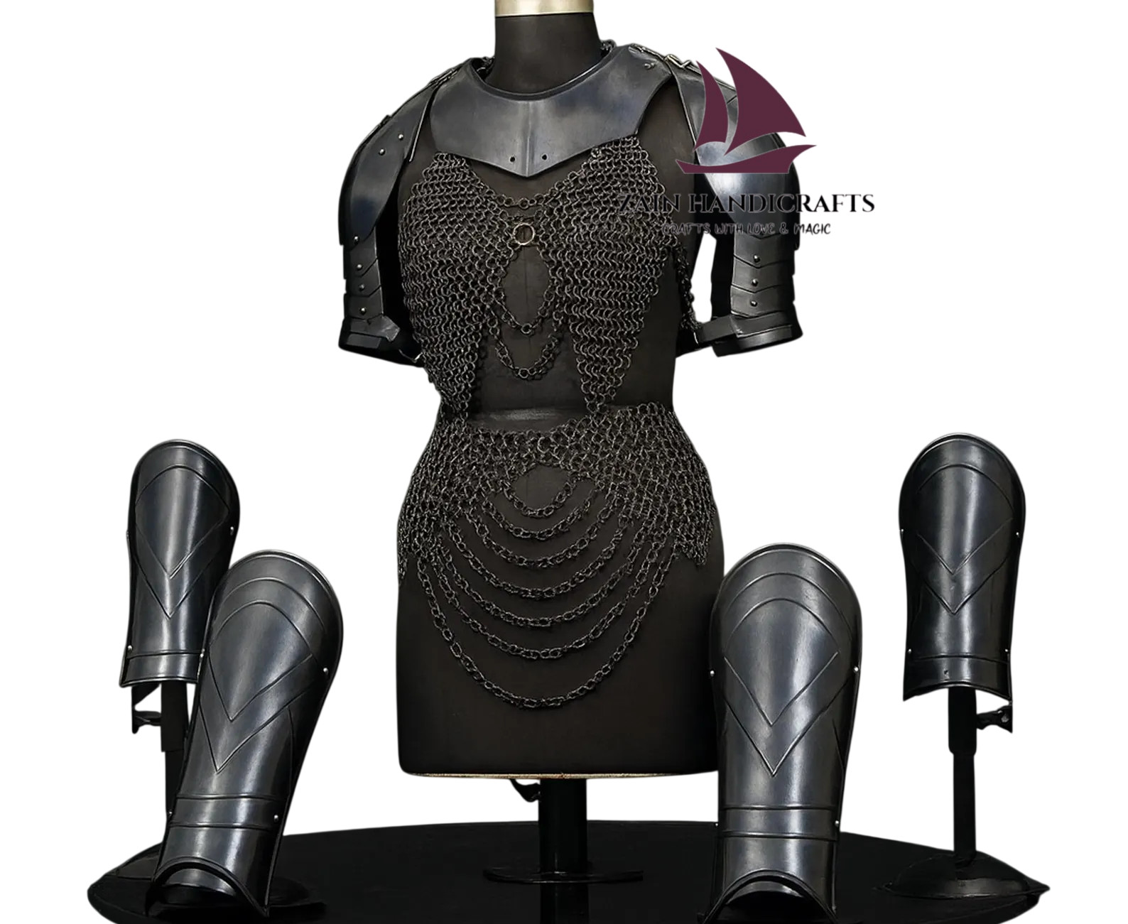 ZAIN Handmade Black Armor Set Chainmail Bra Skirt, Gorget Pauldrons Thanksgiving