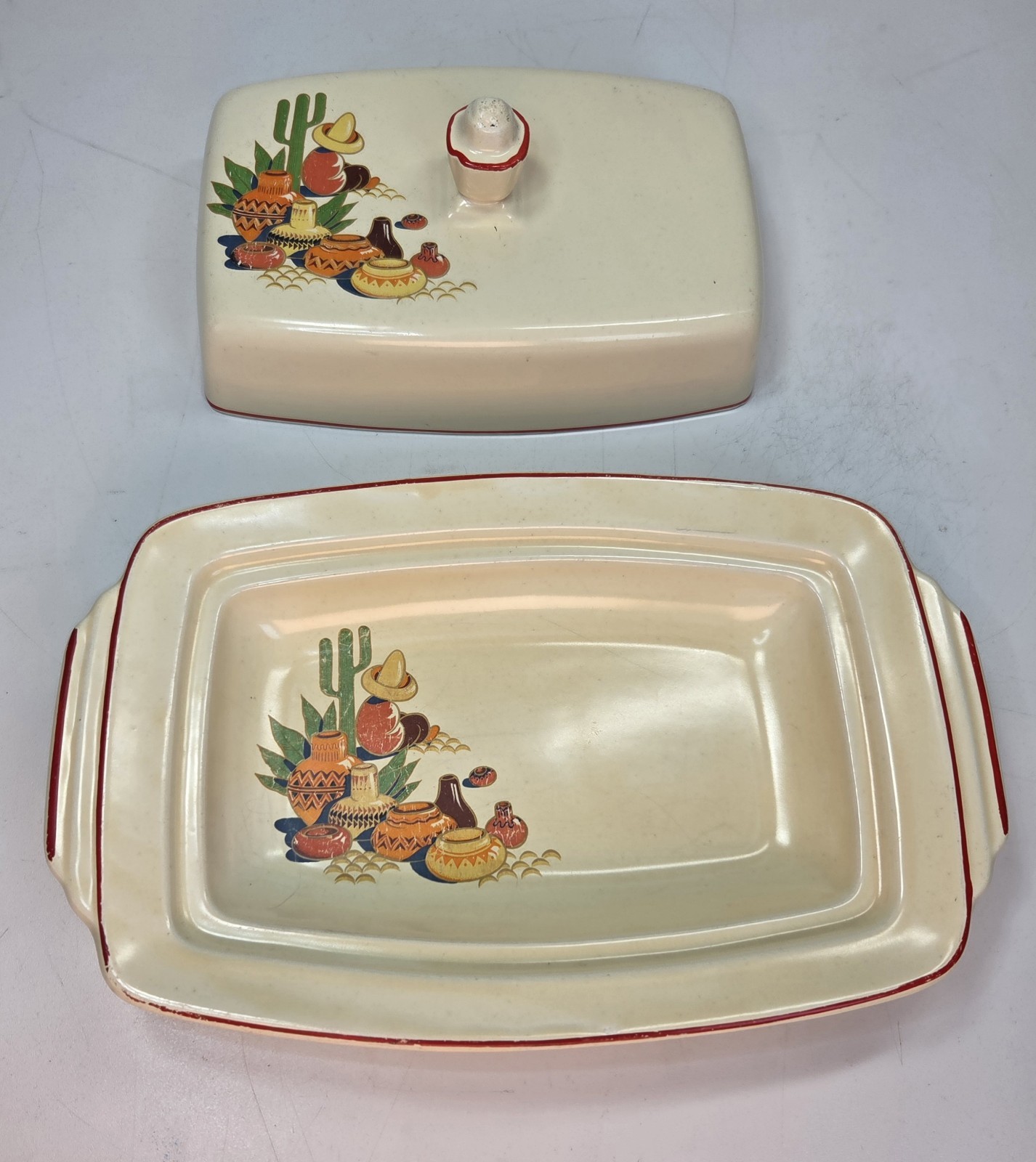 Vintage 40s Homer Laughlin Old Yellowstone Mexicana Covered Butter Dish Red Band