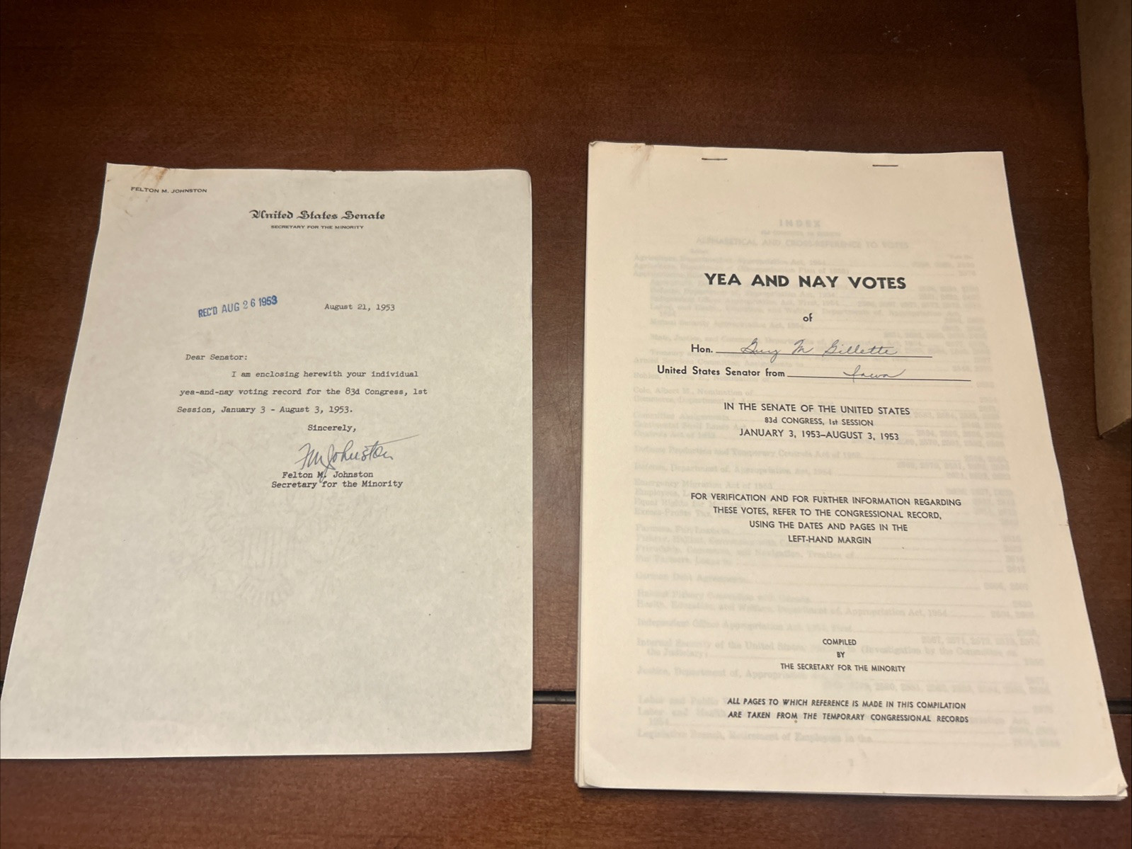 83rd Congress Session 1953 Voting Record YEA NAY VOTES Iowa Senator Guy Gillette