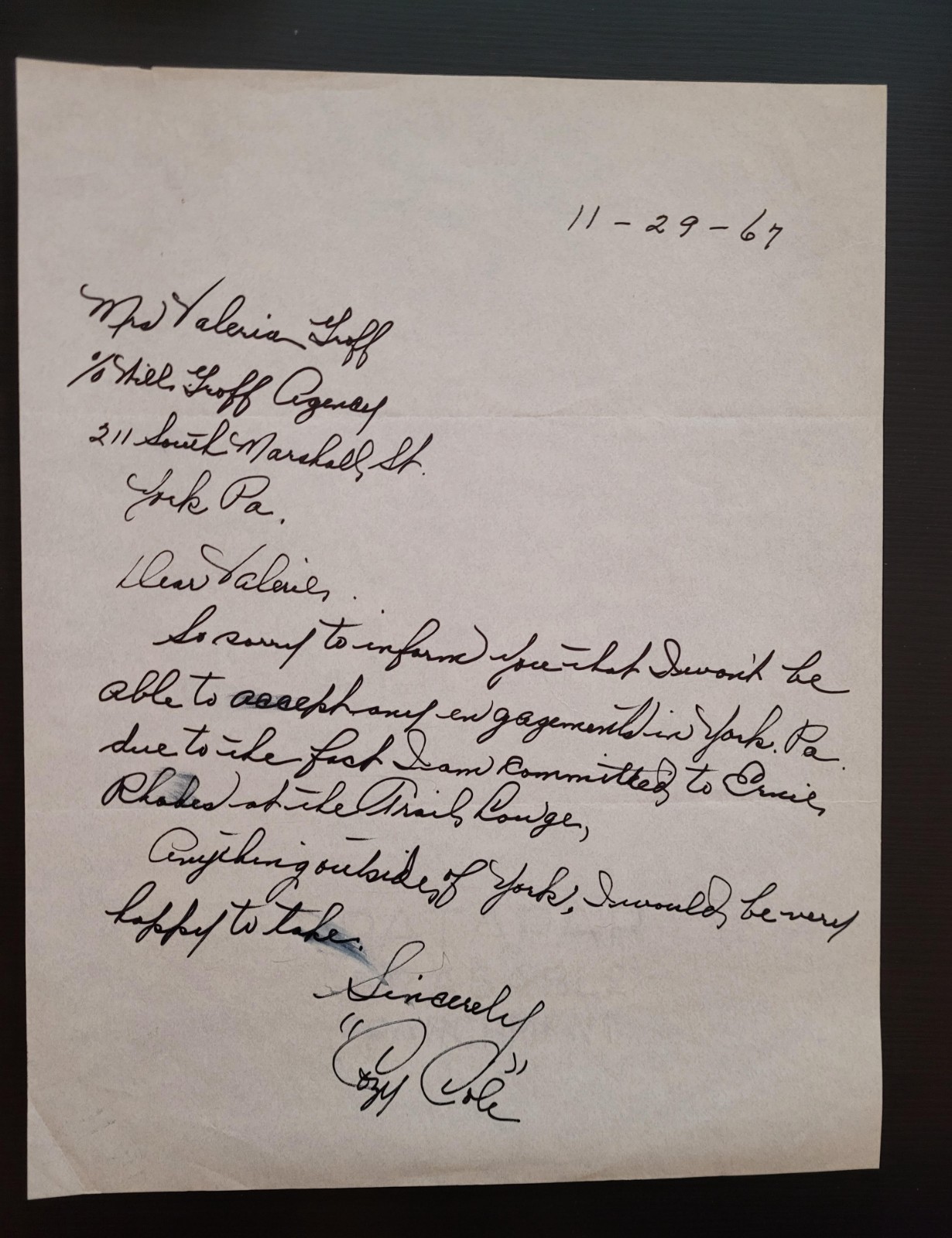 COZY COLE Signed Handwritten Letter 1967 Jazz Drummer Autograph YORK PA rare