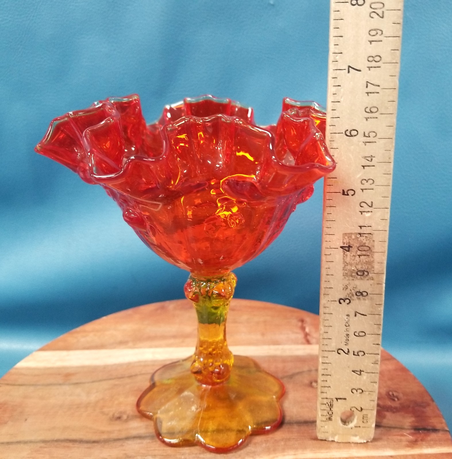 Vintage Fenton Cabbage Rose Amberina Ruffle Orange Glass Compote Pedestal Bowl