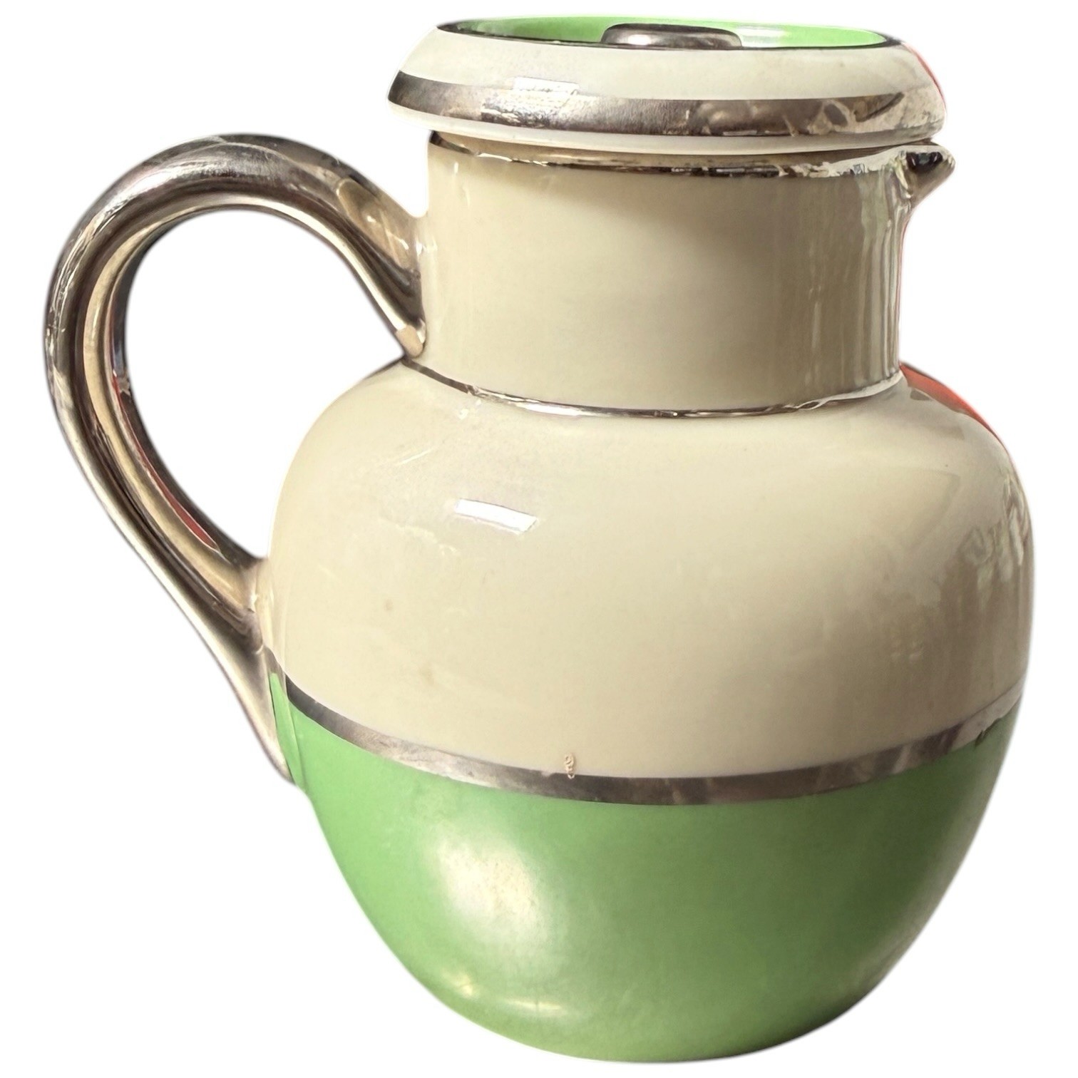 Vintage Art Deco Fraunfelter China Jug Lidded Pitcher Green Platinum Vintage 4.5
