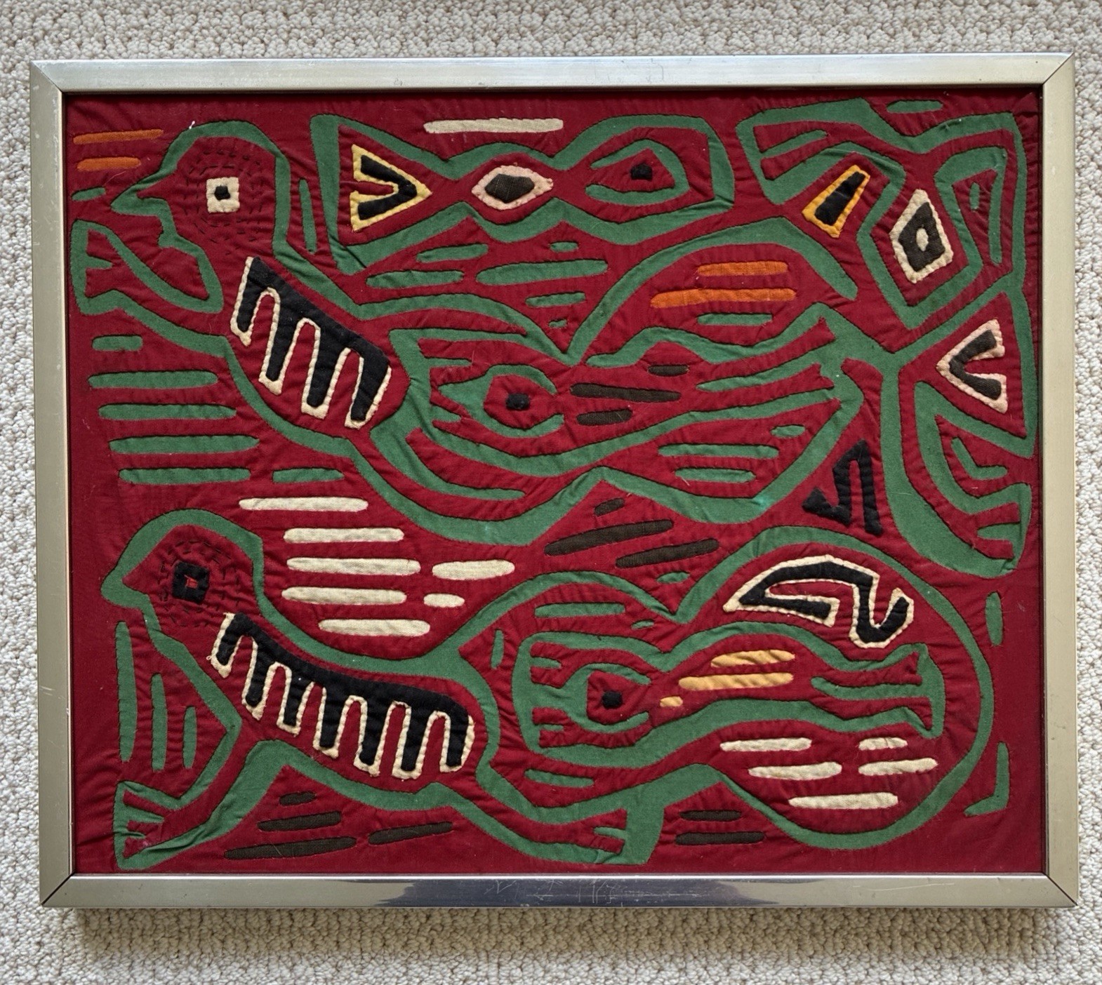Vintage Guna (Kuna) Mola Bird And Geometric Patterns Red And Green Framed