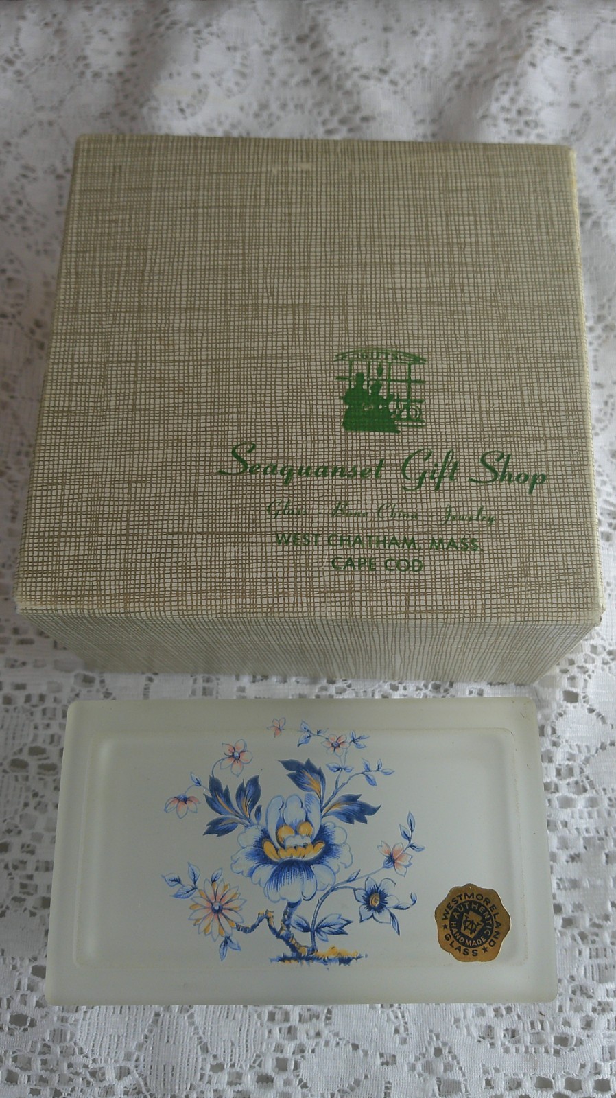 Vintage Westmoreland Frosted Glass Vanity Trinket Box Blue Floral MIB-NOS