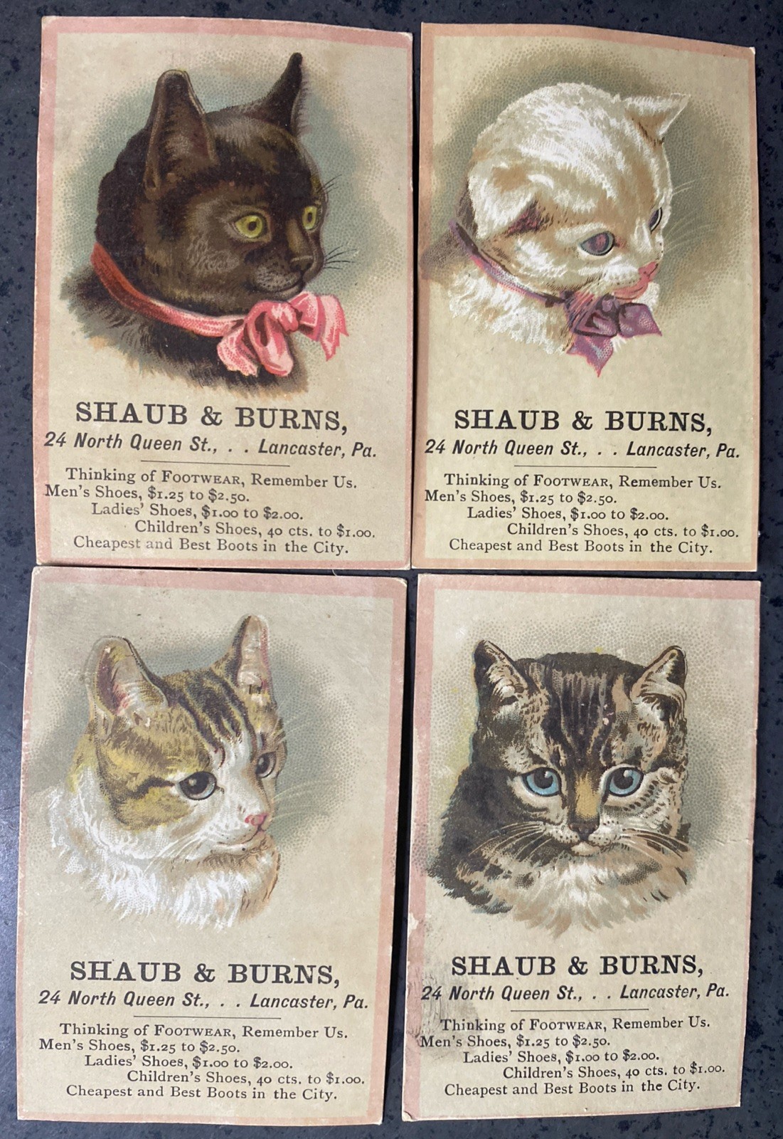 4 1880s Shoe Store Trade Cards KITTENS Shaub & Burns Lancaster PA
