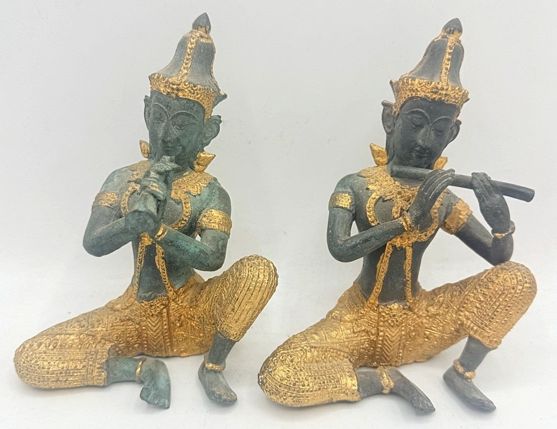 Set 2pc Vtg Bronze Gold Gilt Green Thai PRINCE MUSICIANS Flute Horn Figures