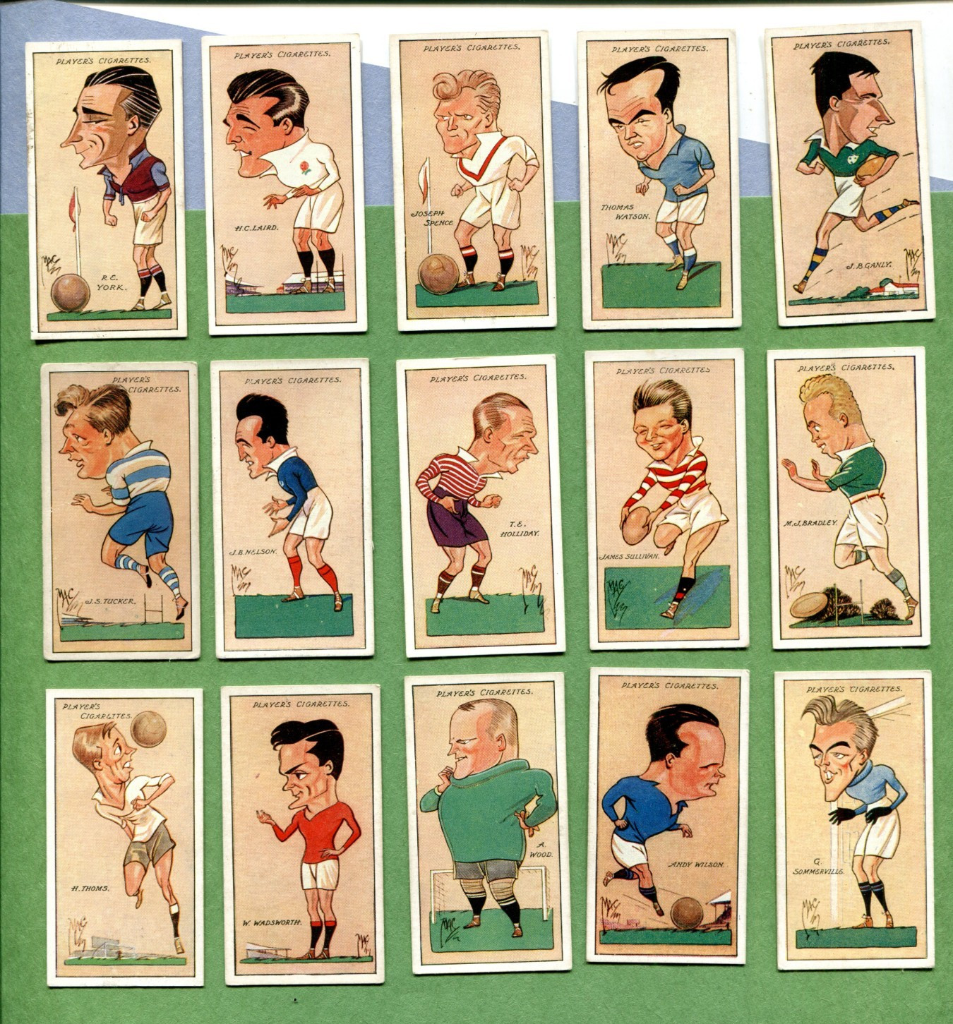 1926 JOHN PLAYER FOOTBALL CARICATURES BY MAC 15 DIFFERENT TOBACCO CARD LOT