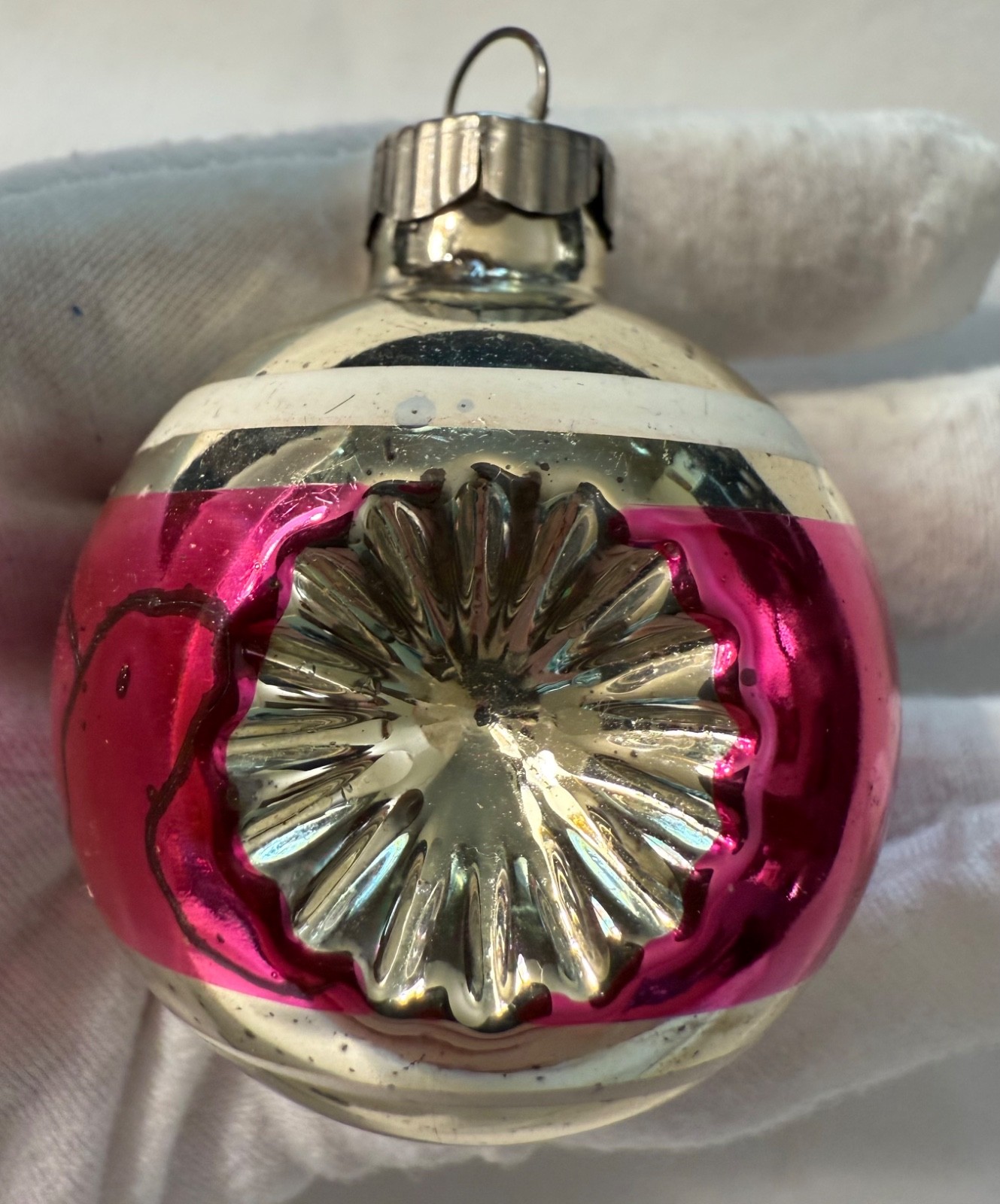 Vtg Double Flower Indent Pink Striped Feather Tree Glass Christmas Ornament