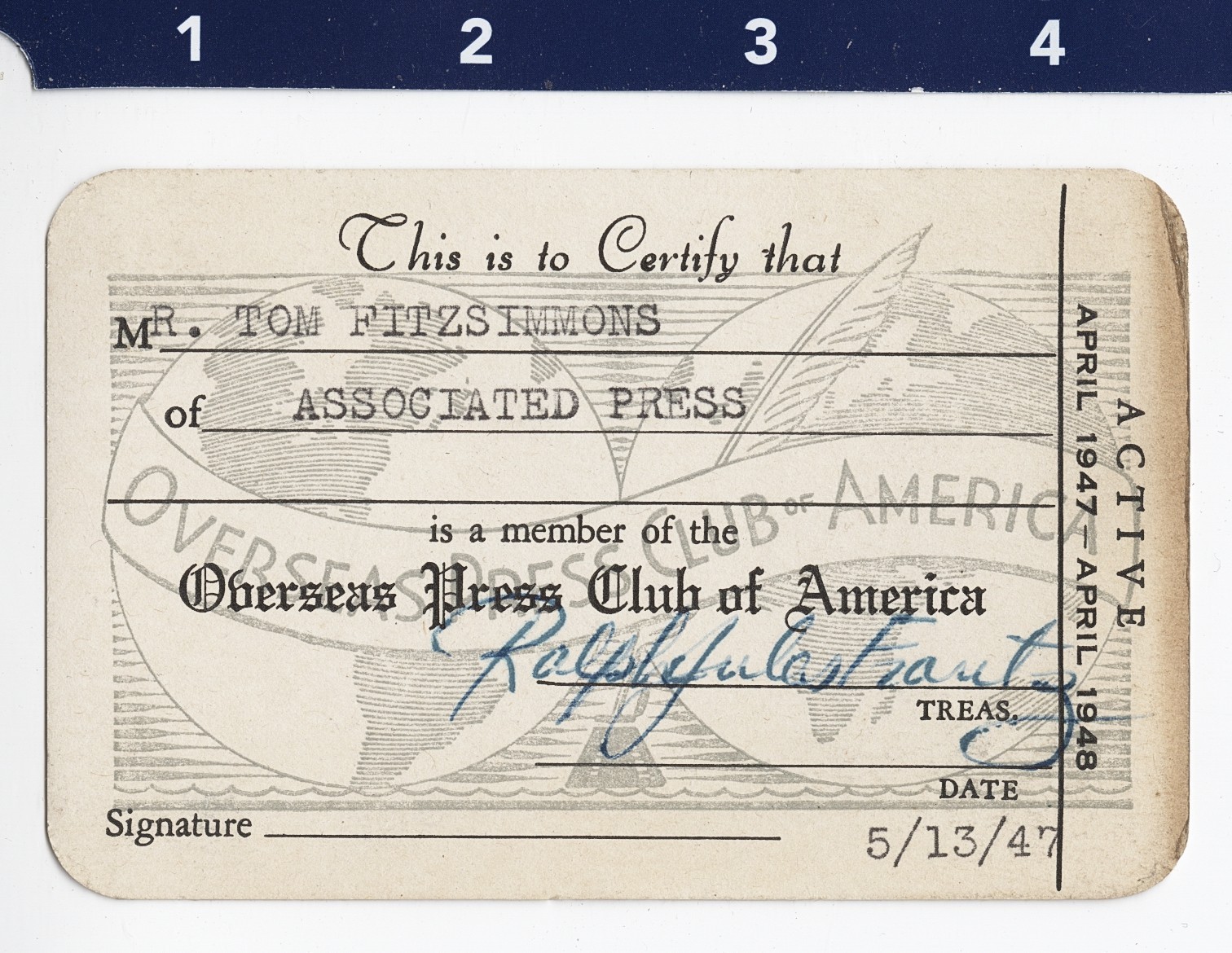 1947 Overseas Press Club of America Pass of AP Photographer Thomas Fitzsimmons 1947 Overseas Press Club of America Pass of AP Photographer Thomas Fitzsimmons