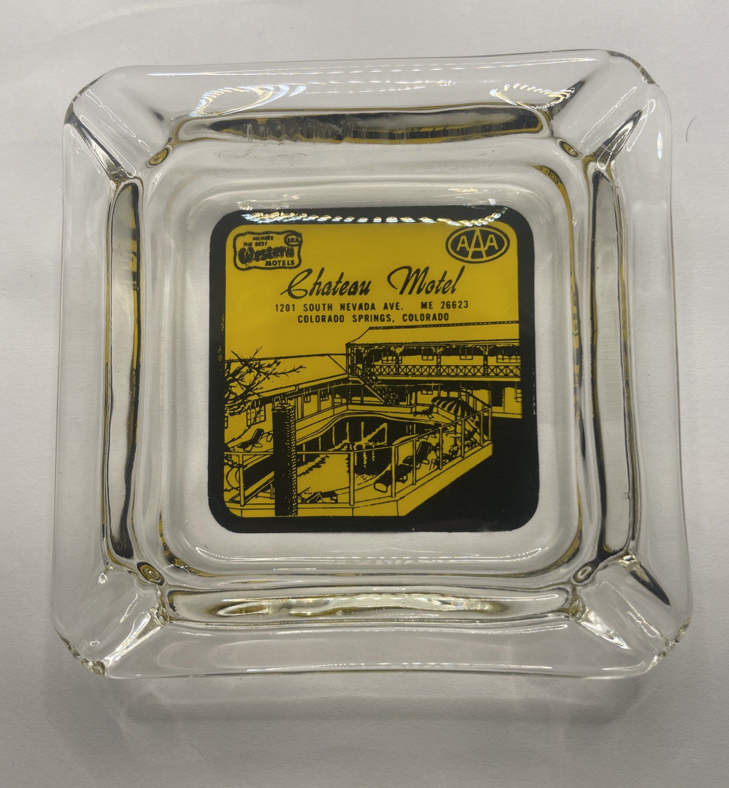 Vtg Advertising Ashtray Chateau Motel Colorado Springs Glass AAA Great Graphics