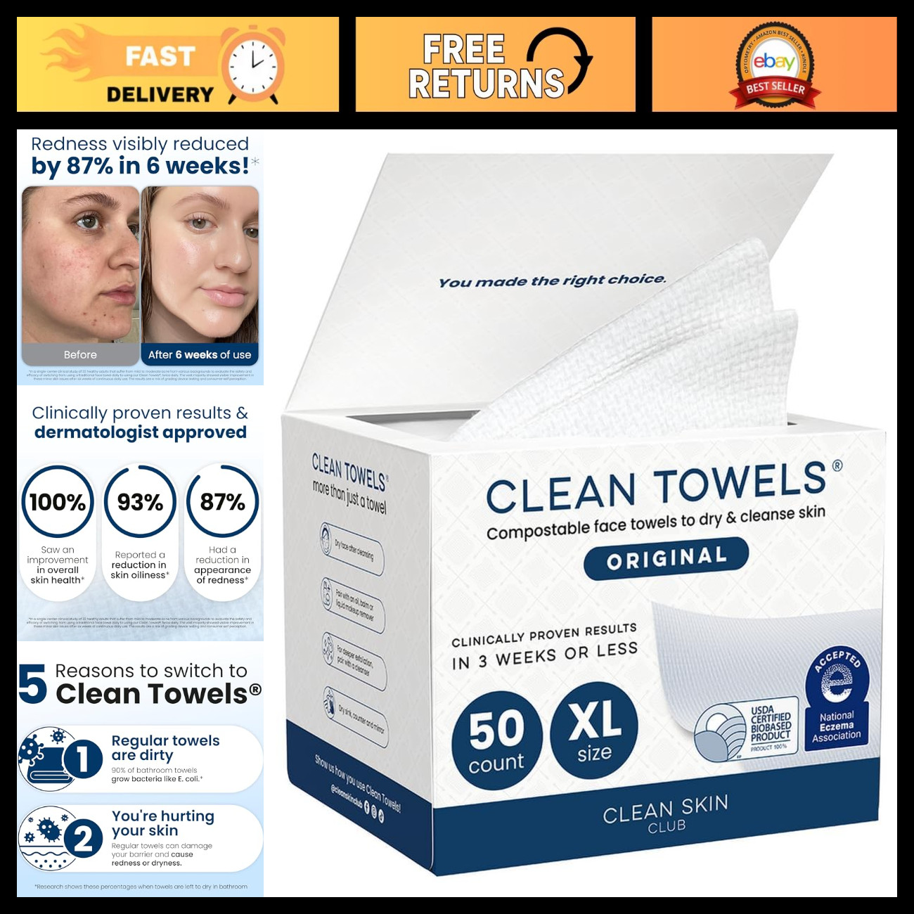 Clean Skin Club Clean Towels XL®, 100% USDA Biobased Face Towel, Disposable Face