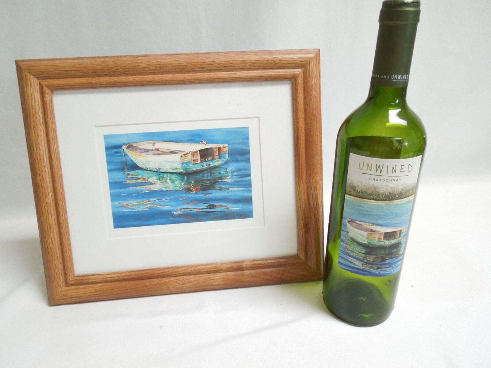 Abandoned Rowboat Signed Print in Wood & Glass Frame w/ Matching Unwined Bottle