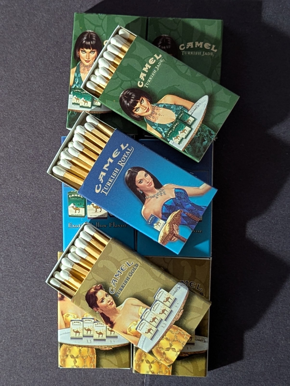 9 ** VINTAGE GIRLY CAMEL  Matches/Boxes/ Jade/ Gold/ Royal  NOS FULL MATCHBOXES