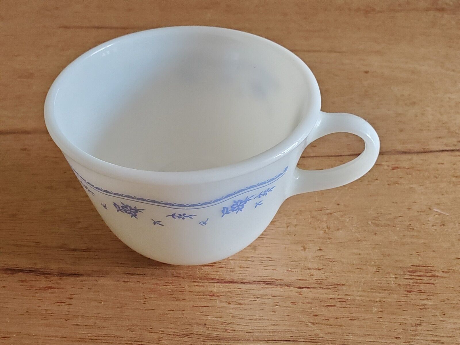 Vintage PYREX Milk Glass MORNING BLUE Flowers Pattern Coffee Cup Mug Corning A7