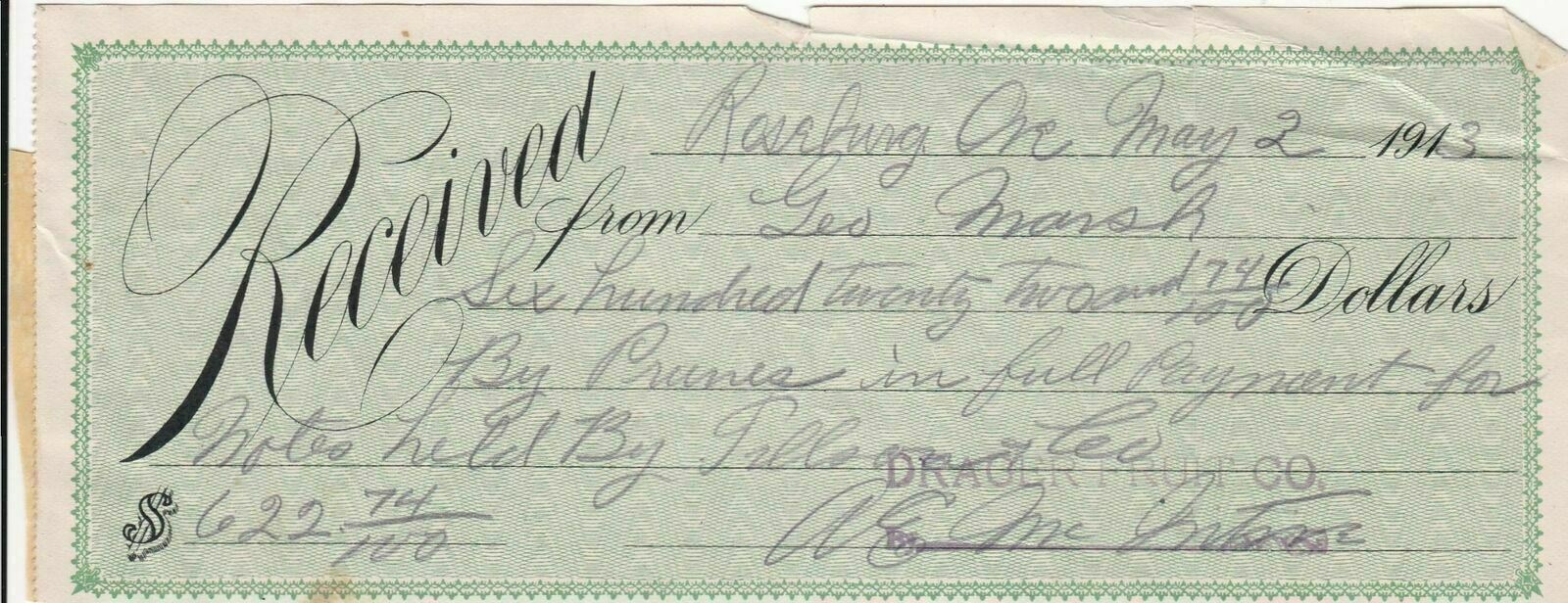 U.S. Recd From George Marsh Roseburg 1913 Drager Fruit Co Paid Receipt Ref 41791
