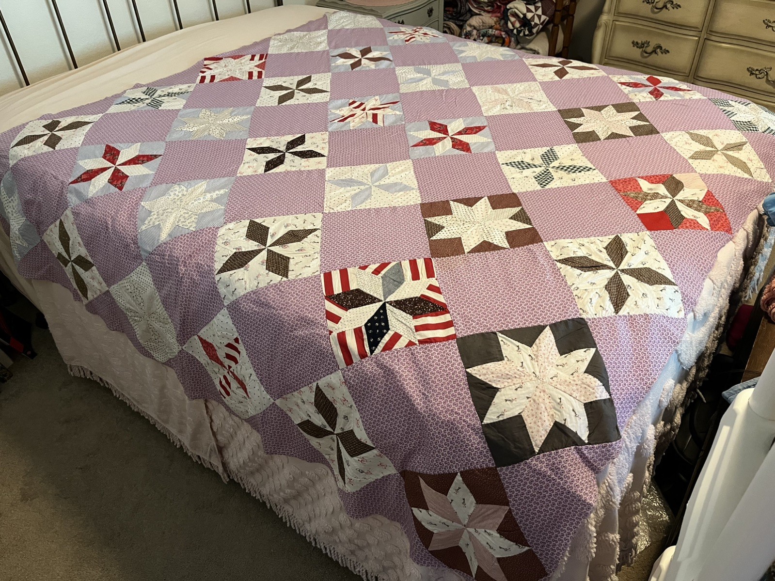 Lovely Antique LeMoyne Quilt Top Late 1800s, Great Fabrics Lovely Antique LeMoyne Quilt Top Late 1800s, Great Fabrics