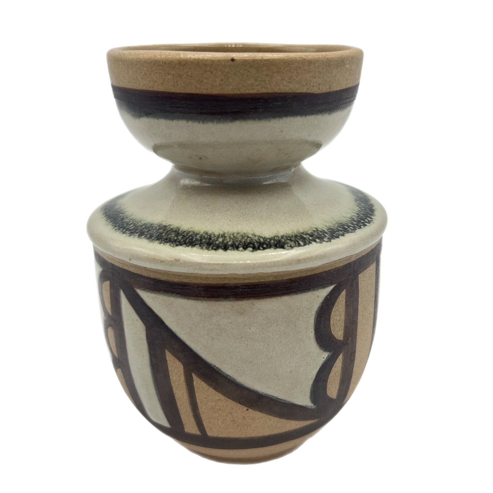 Brown MCM Geometric Brown Tan Pottery Vase Artist Signed 4 1/4\