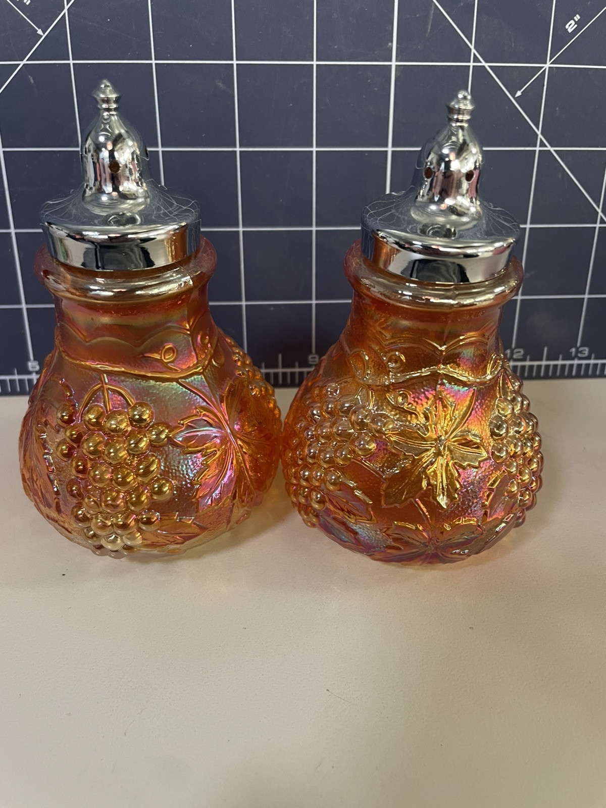 IMPERIAL GLASS GRAPE AND CABLE RUBIGOLD SALT AND PEPPER SHAKERS