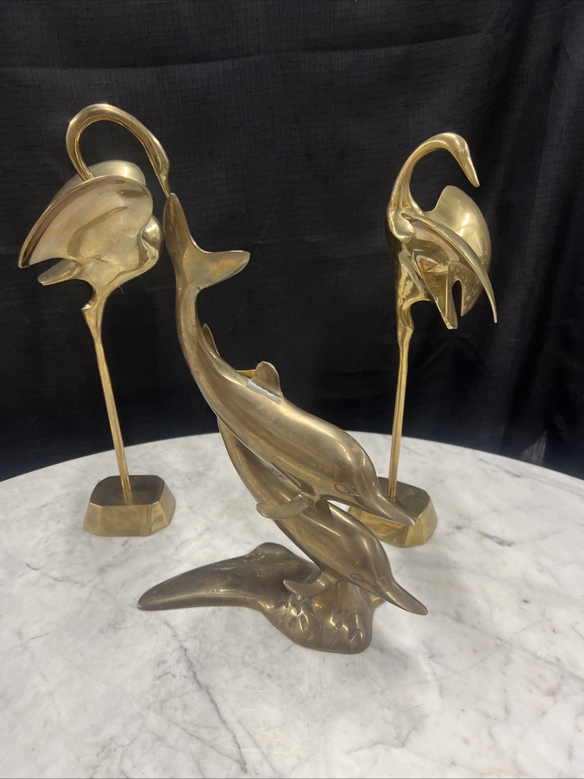 Vintage 1970 Mid Century Pair Of Solid Brass Cranes 13” And Dolphin Pair Brass