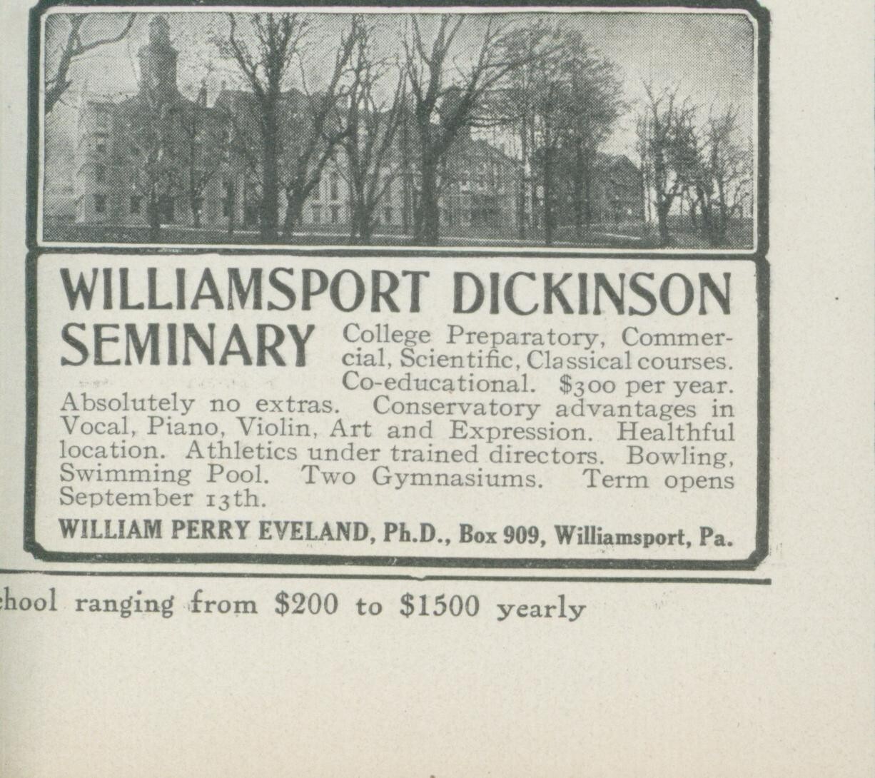 1910 Williamsport Dickinson Seminary PA William Perry Eveland Vtg Print Ad CO2