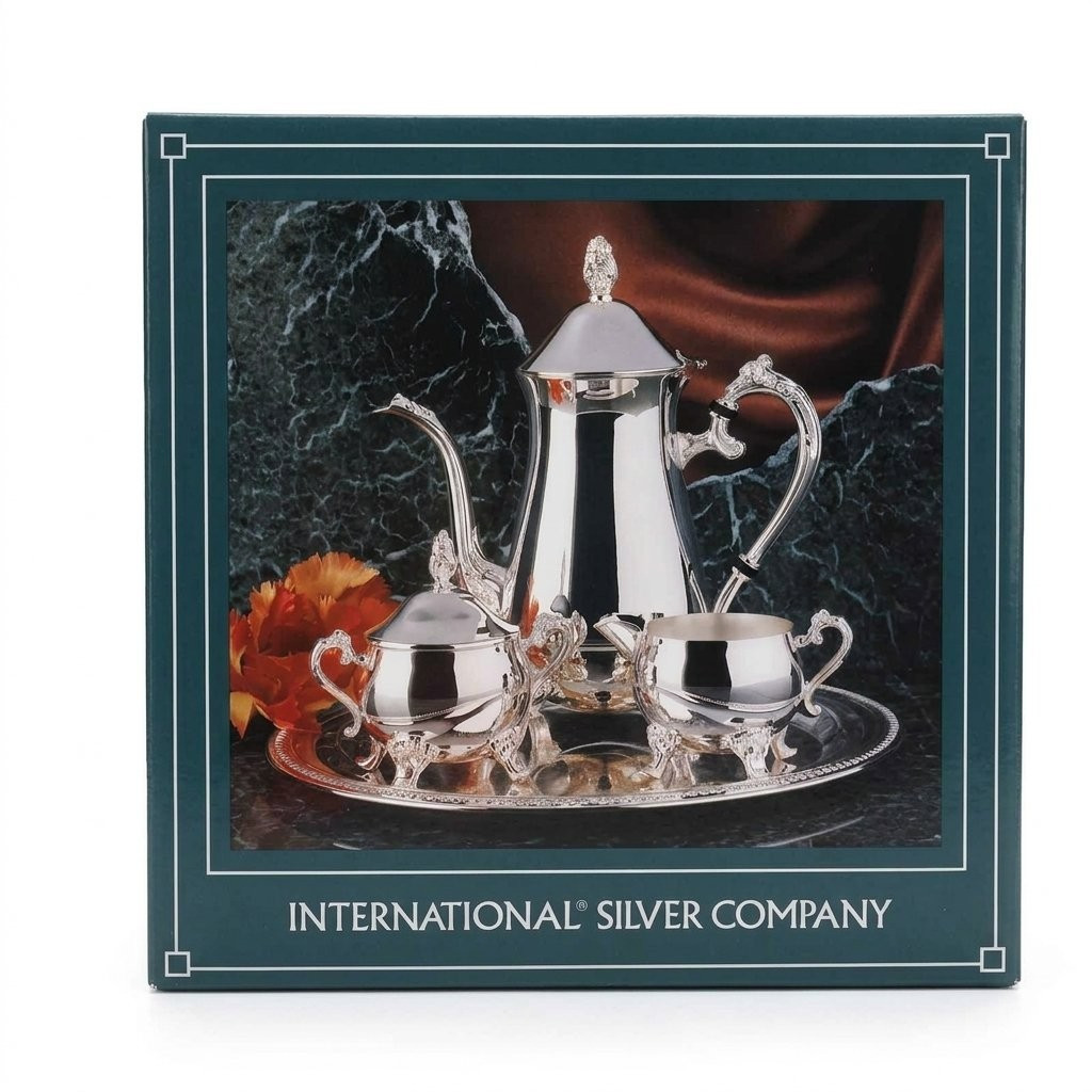New In Box Vintage International Silver Company 4 Piece Coffee Tea Service Tray