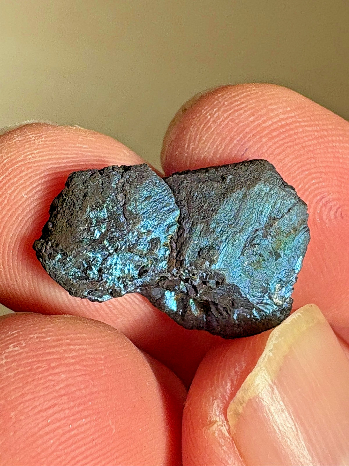 Chalcocite, pseudohexagonal crystals, highly iridescent,Flambeau mine, Wisconsin