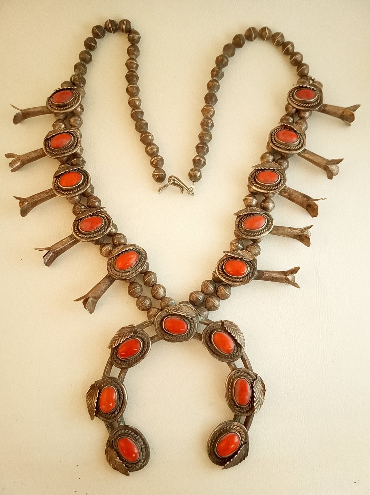 Vintage 40s Old Pawn Navajo sterling silver red coral squash blossom necklace