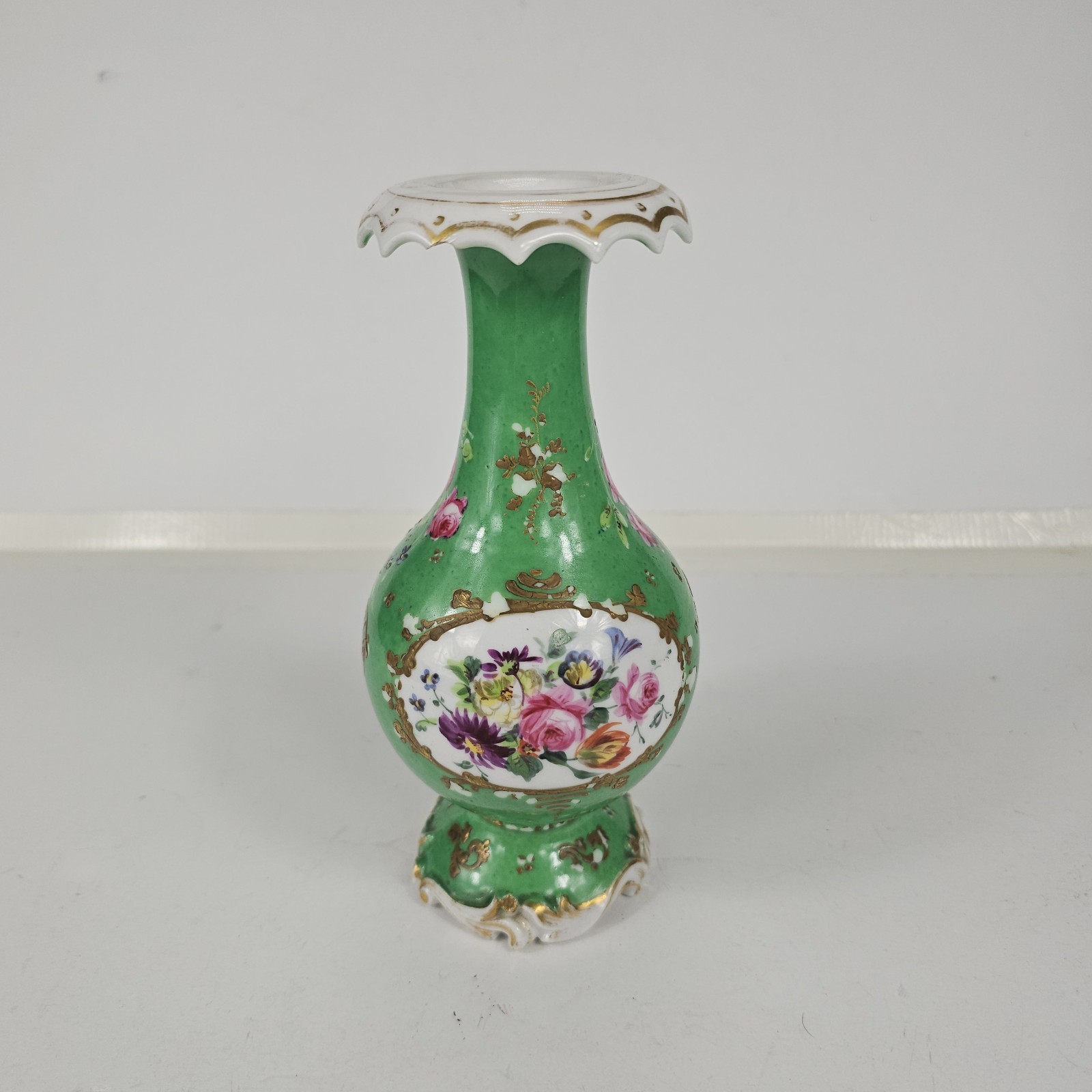 Antique 19th C Old Paris Style Green Porcelain Vase Hand Painted Flowers Gilt