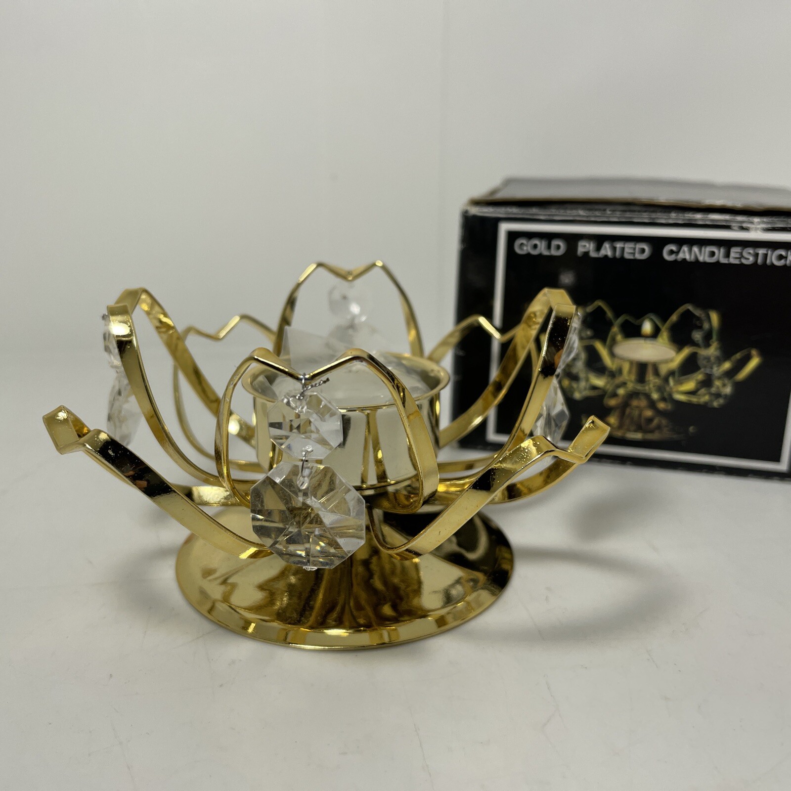 Gold Tone~Tealight or Votive Candleholder With Faux Crystsls IOB