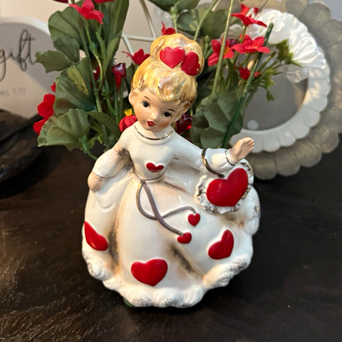 Relpo A-1840 Hand Painted Ceramic Girl Planter, Valentine Hearts Glazed