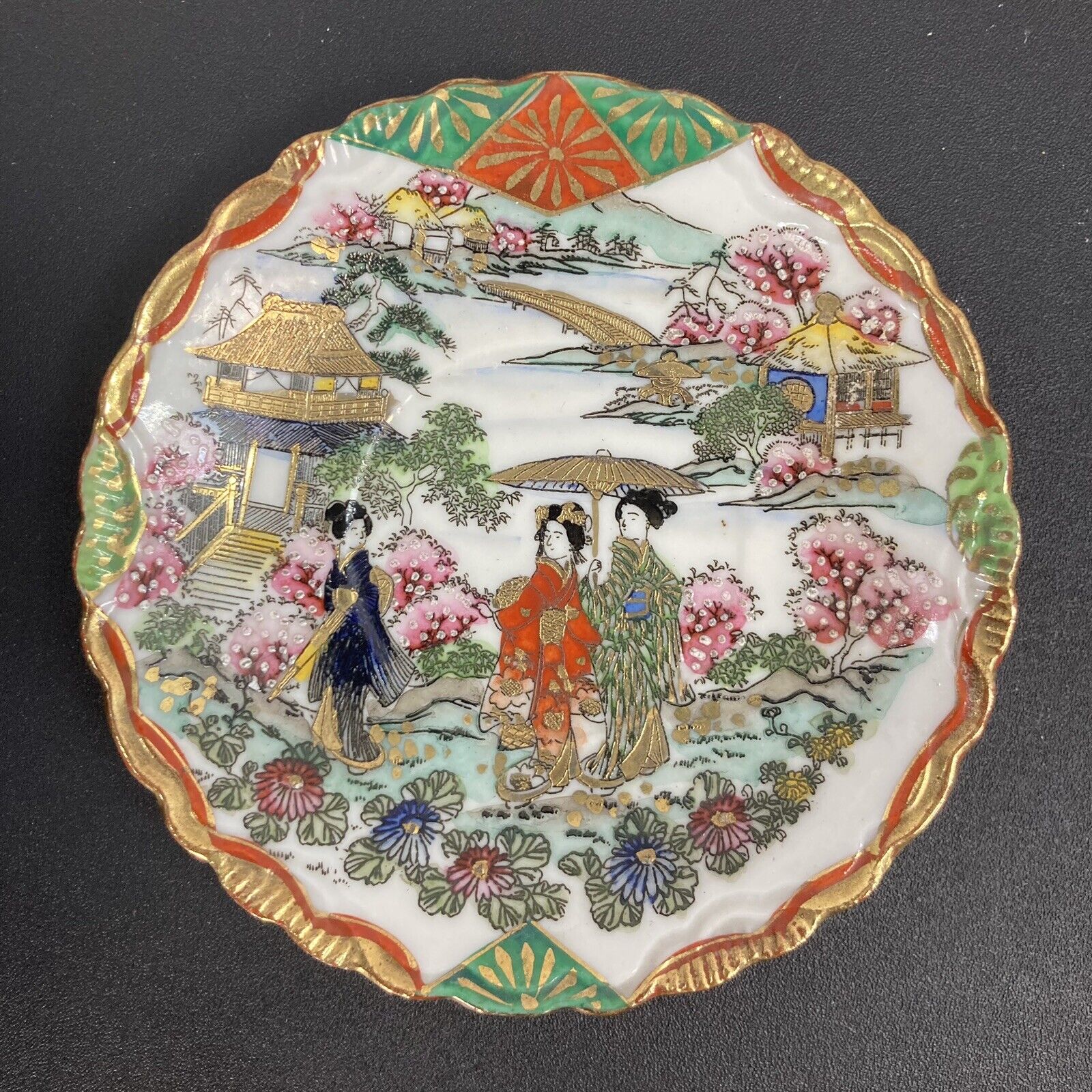Japanese Hand Painted Porcelain Plate Geisha Garden Blue Gold Vintage Signed