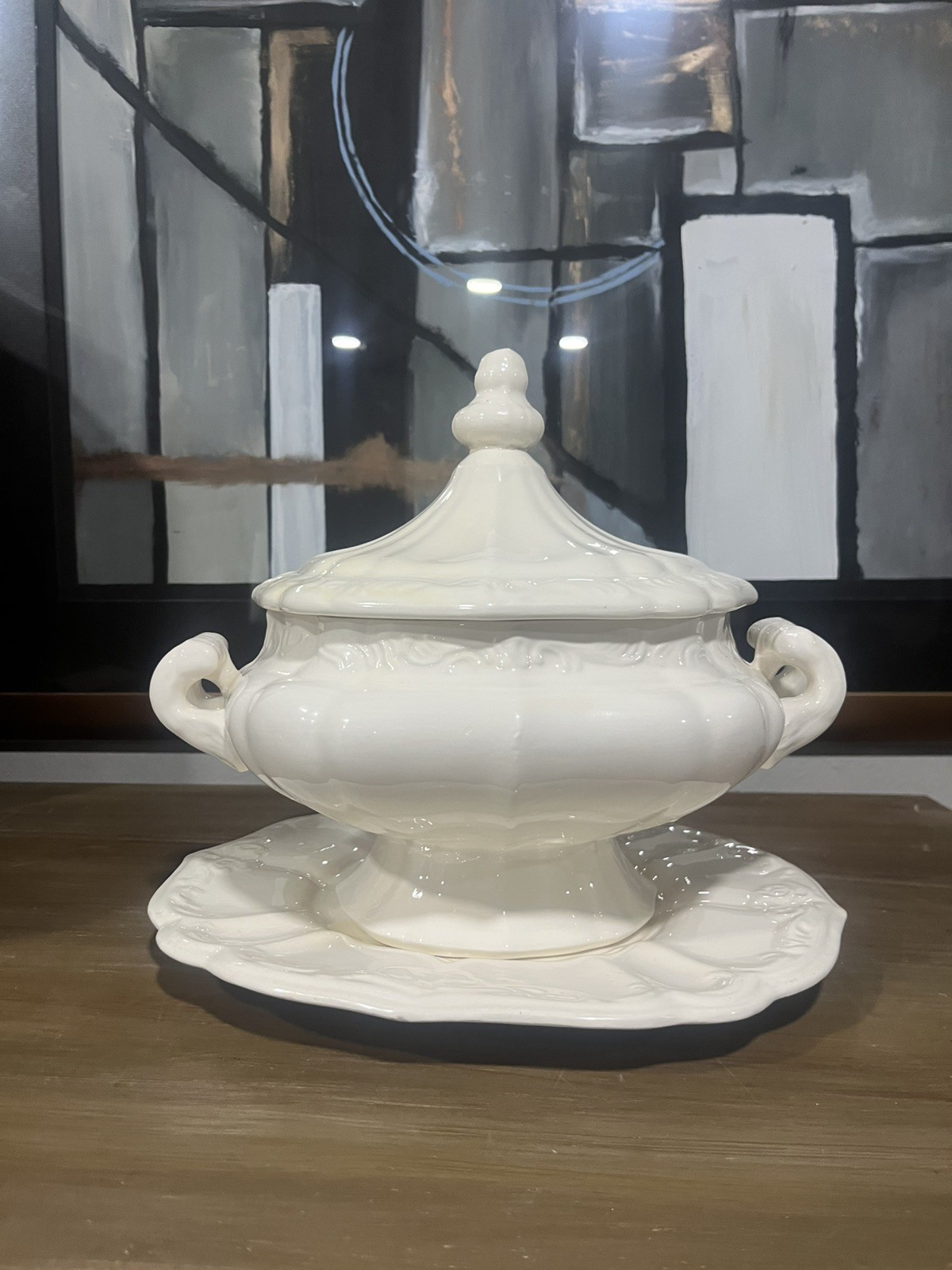 Vintage White Ironstone Soup Tureen w/ Lid & Underplate 12”x11” Crazing
