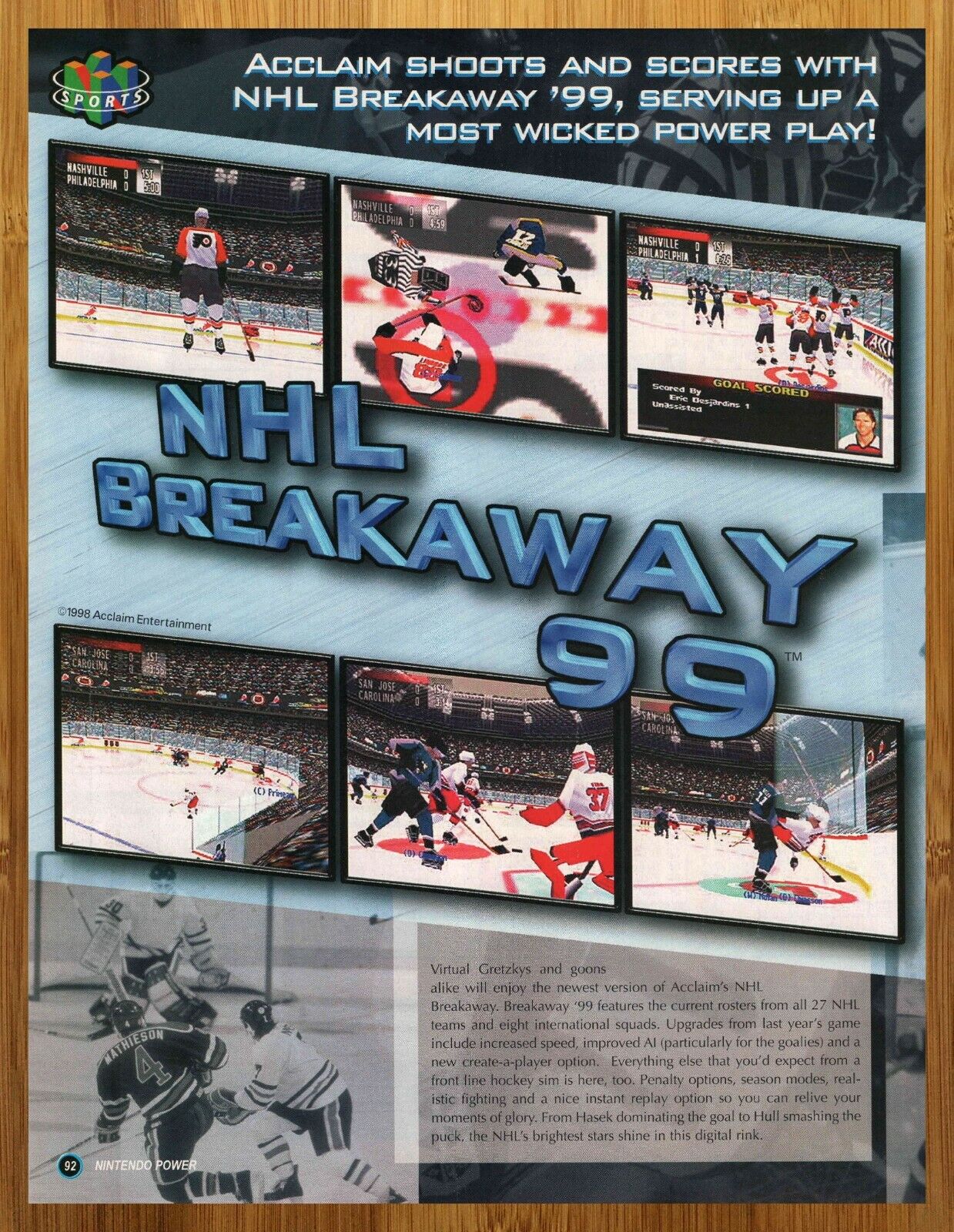 1998 NHL Breakaway \'99 N64 Print Ad/Poster Page Authentic Hockey Game Retro Art