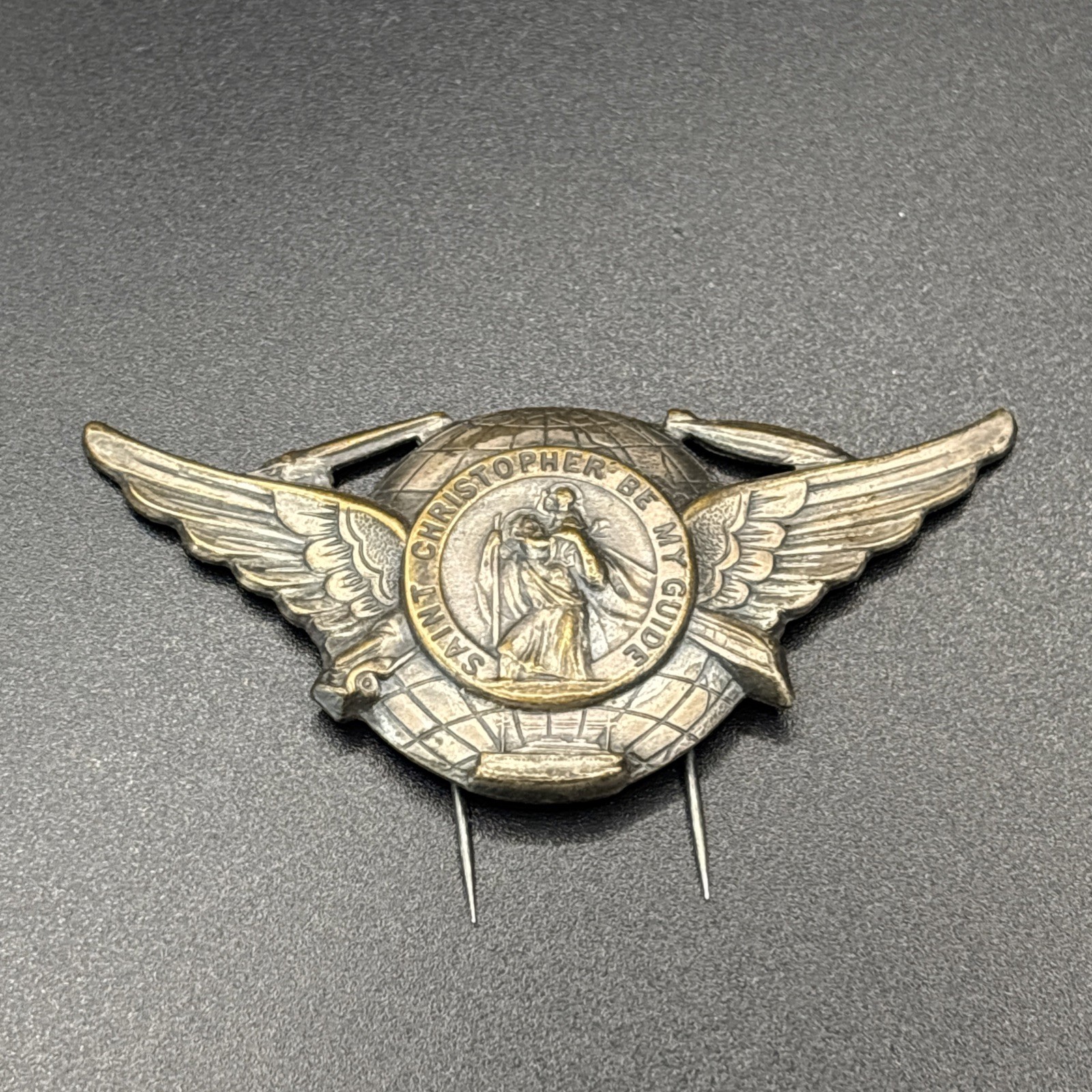 Vintage St Christopher Be My Guide Winged Car Visor Clip Religious Medal Metal