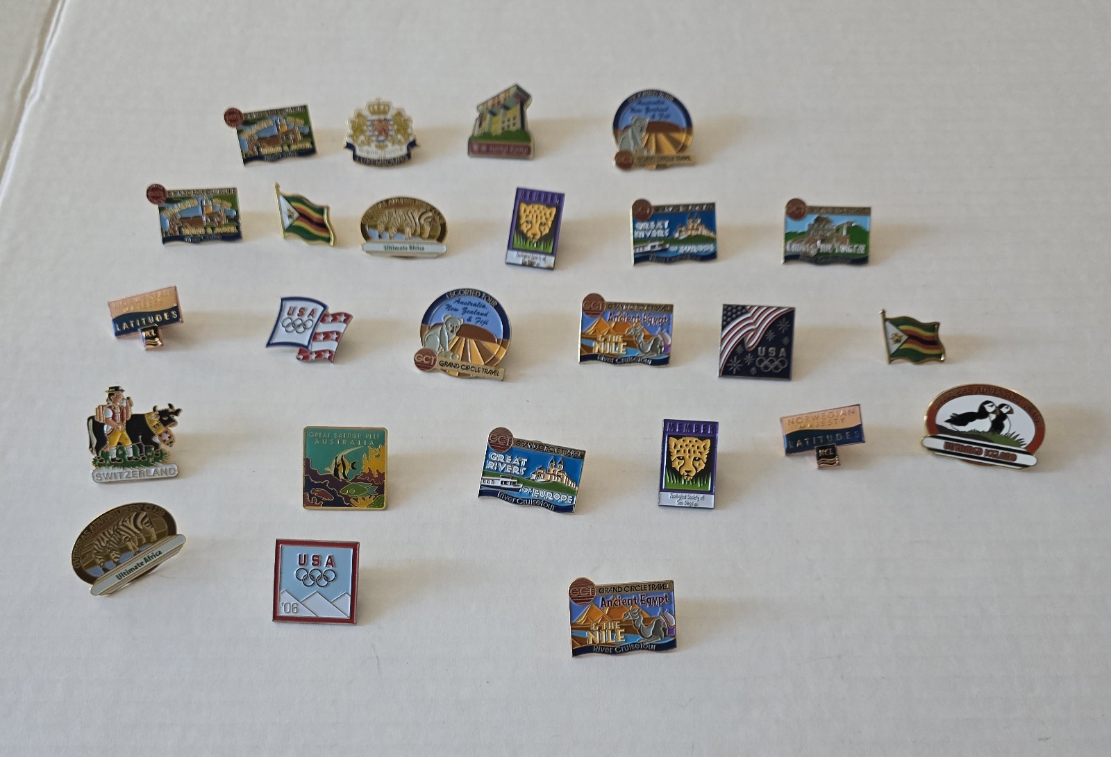 25 Pc Vintage Travel Cruise Olympic Enamel Pin Lot Grand Circle NCL USA Zoo