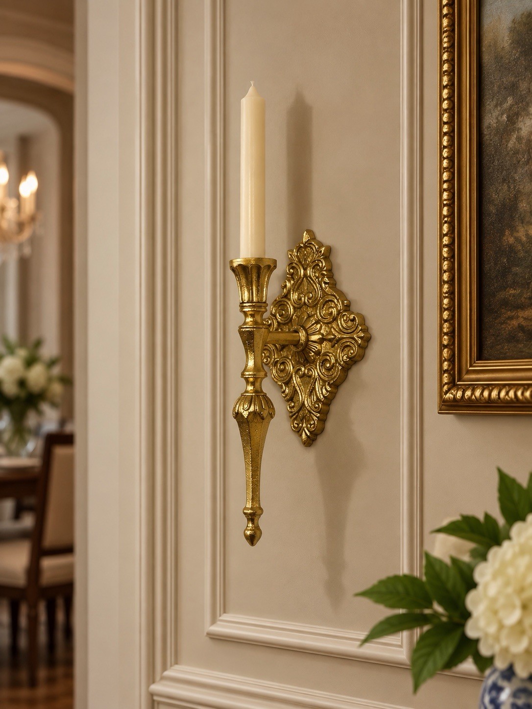 ONE VTG Antique Gold Iron Taper Candle Wall Sconces Hollywood Regency 10.5”