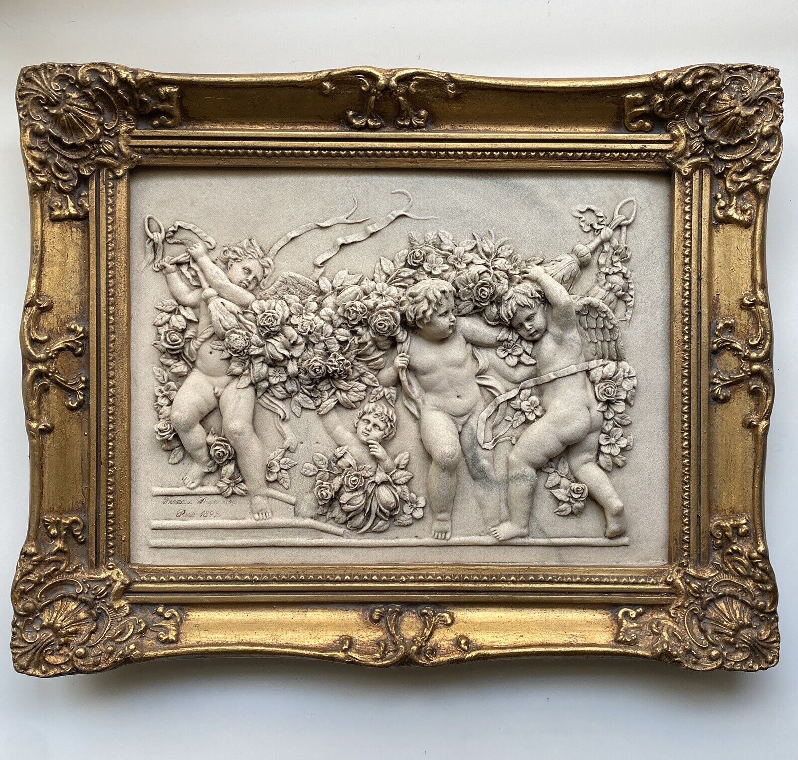 Francois Duquesnoy Antique 1892 Paris Cast Marble Relief Putti Cherubs Framed