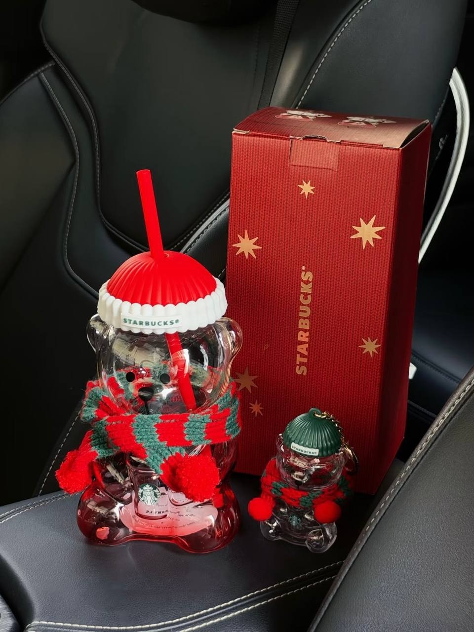 Starbucks Christmas Bearista Bear Glass and Mini Bear Keychain Authentic New