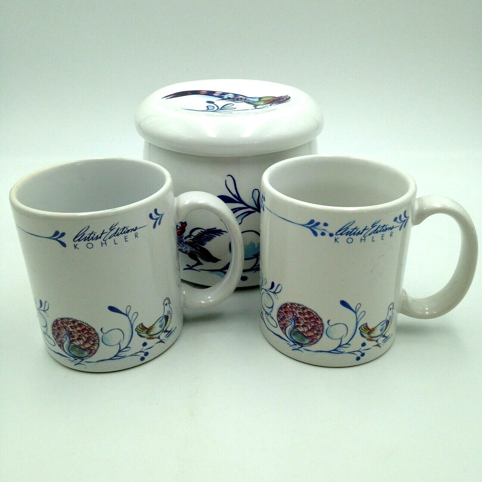 Kohler Artist Edition Peacock Birds Canister Jar and Two Mugs Porcelain Set 1993