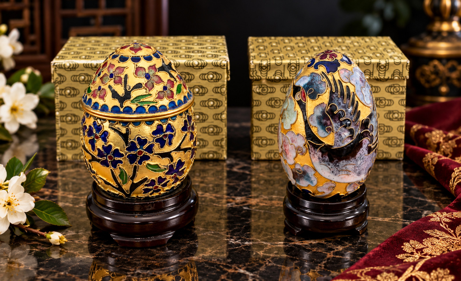 2 Cloisonne Enamel Eggs Flying Swans & Floral Gold Tone Stands Original Boxes