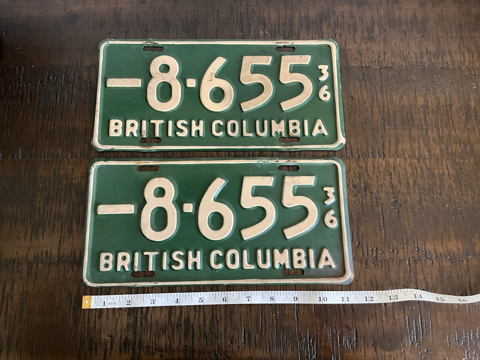 Vintage 1936 British Columbia License Plate Set -8 655