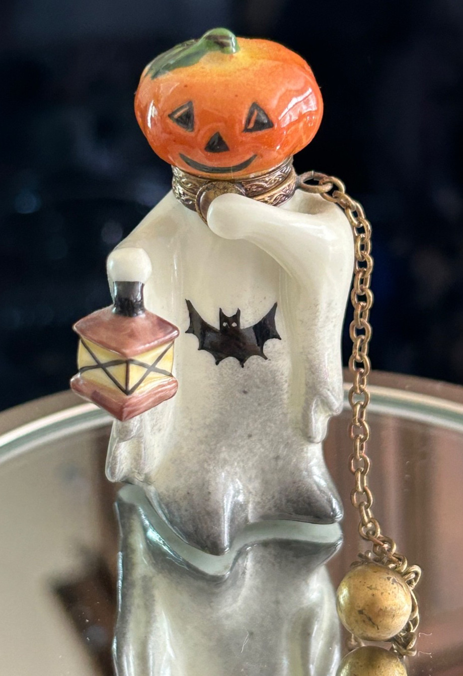 VINTAGE LIMOGES HINGED BOX, HALLOWEEN GHOST W/BALL & CHAIN, MULTICOLOR