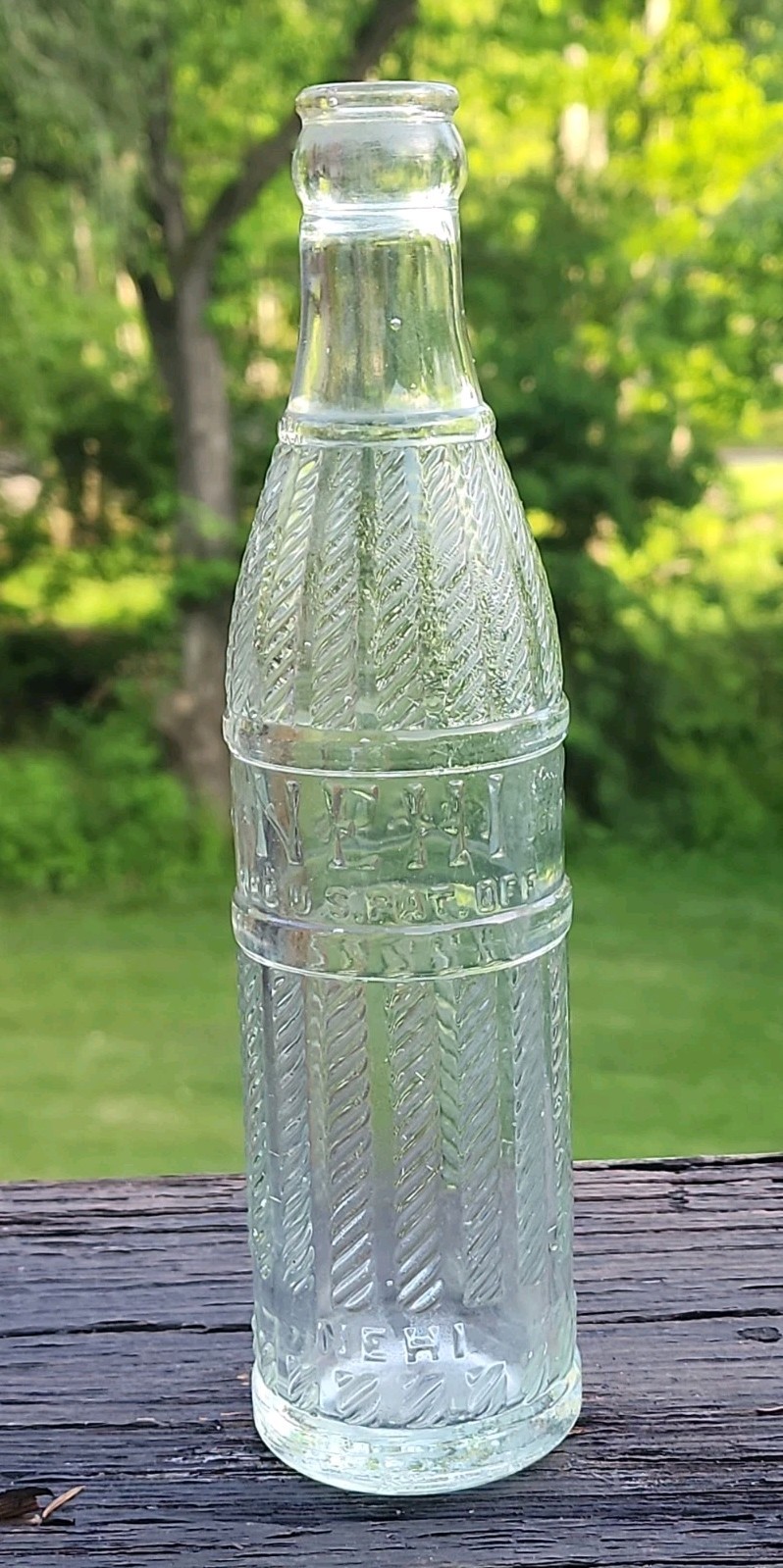 EARLY NEHI Clear Embossed Dover Ohio 19oz 25 Pat’d Glass Bottle VG