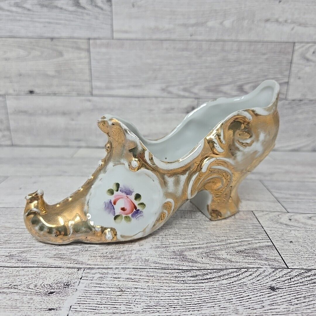 Vintage Antique Victorian Porcelain Ladies Slipper Shoe Floral Gold Gilt Trim