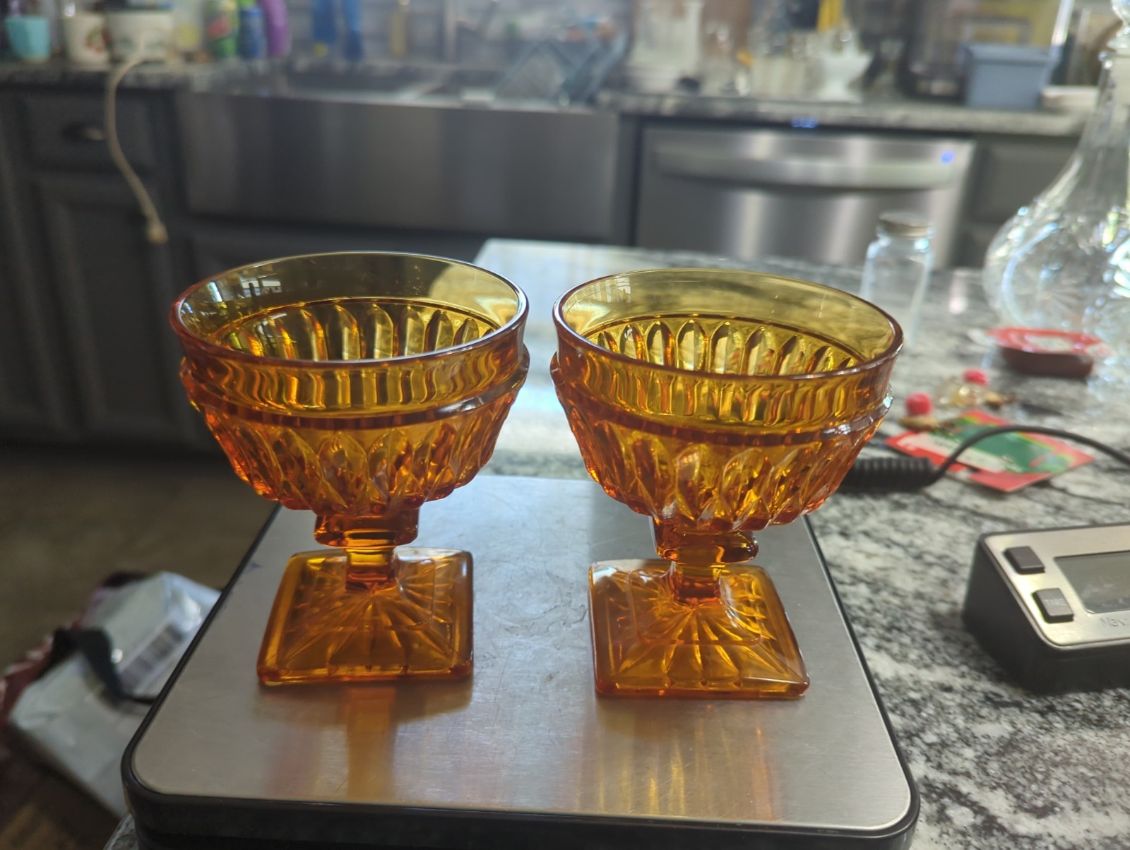 2 Vintage Indiana Glass Amber Mount Vernon Sherbet Dessert Cups